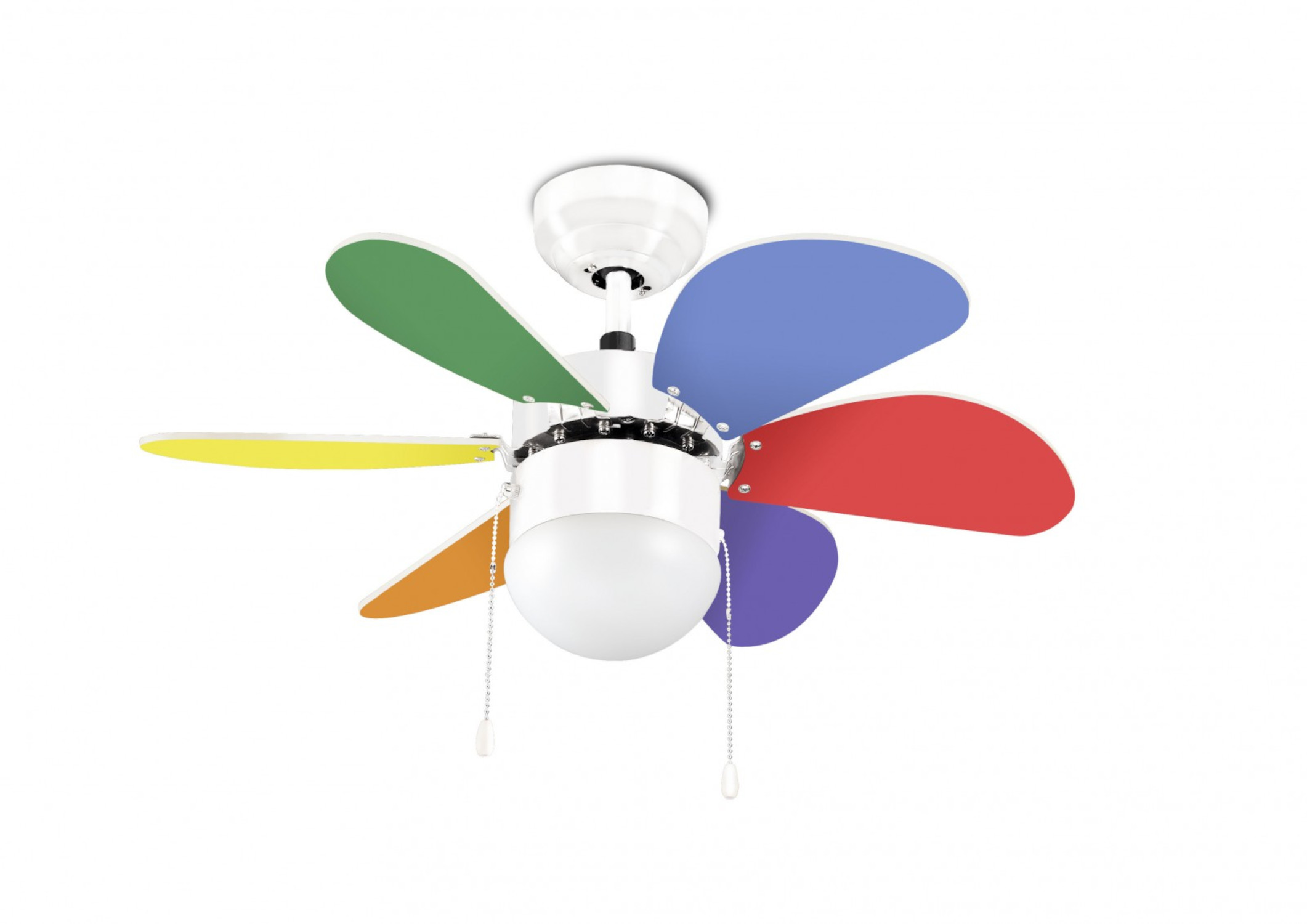 Ein bunter Deckenventilator mit sechs unterschiedlich farbigen Flügeln, weißem Sockel und Glühbirne.
