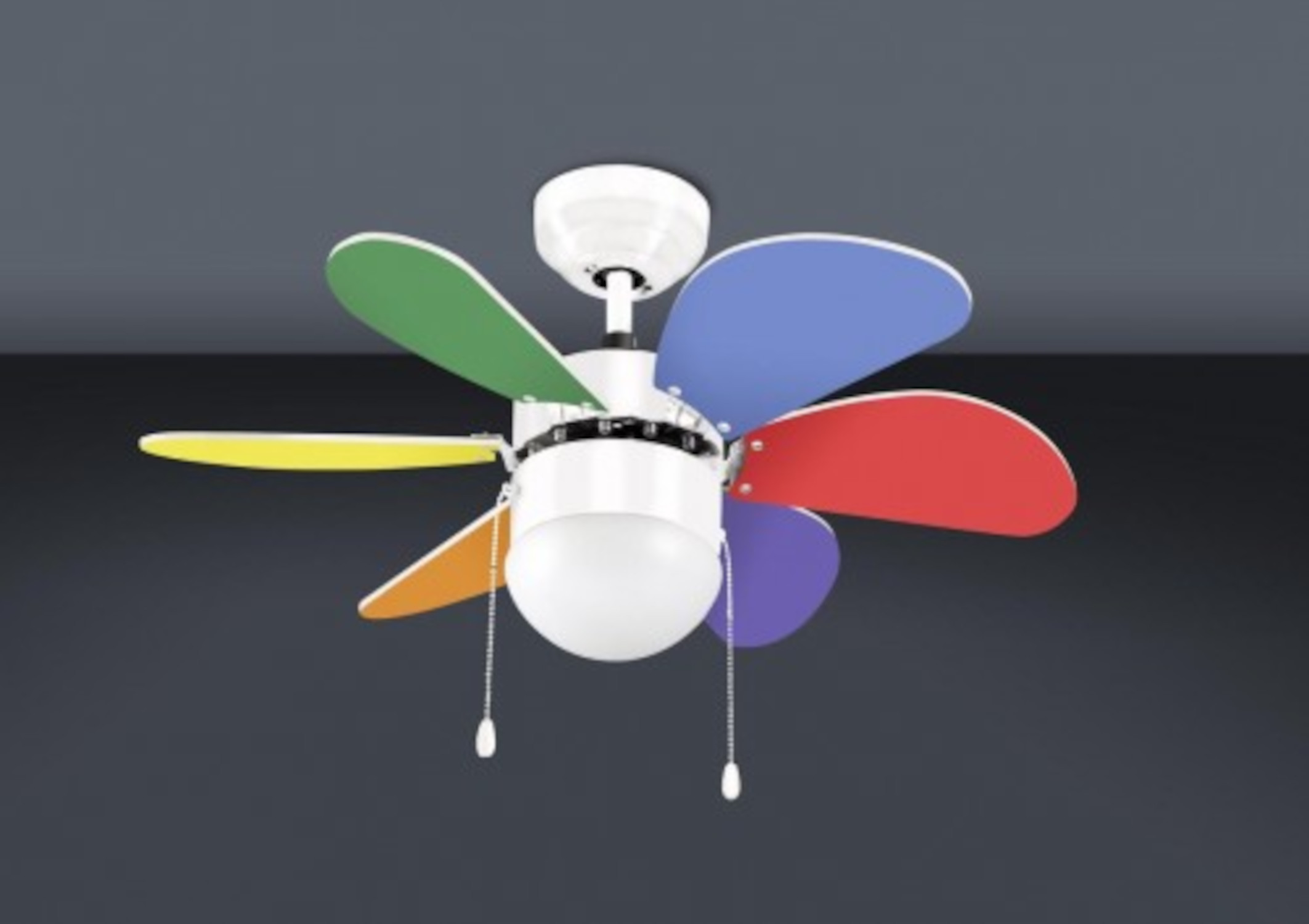 Deckenventilator mit bunten Flügeln: grün, blau, rot, lila, orange. Weißer Körper.