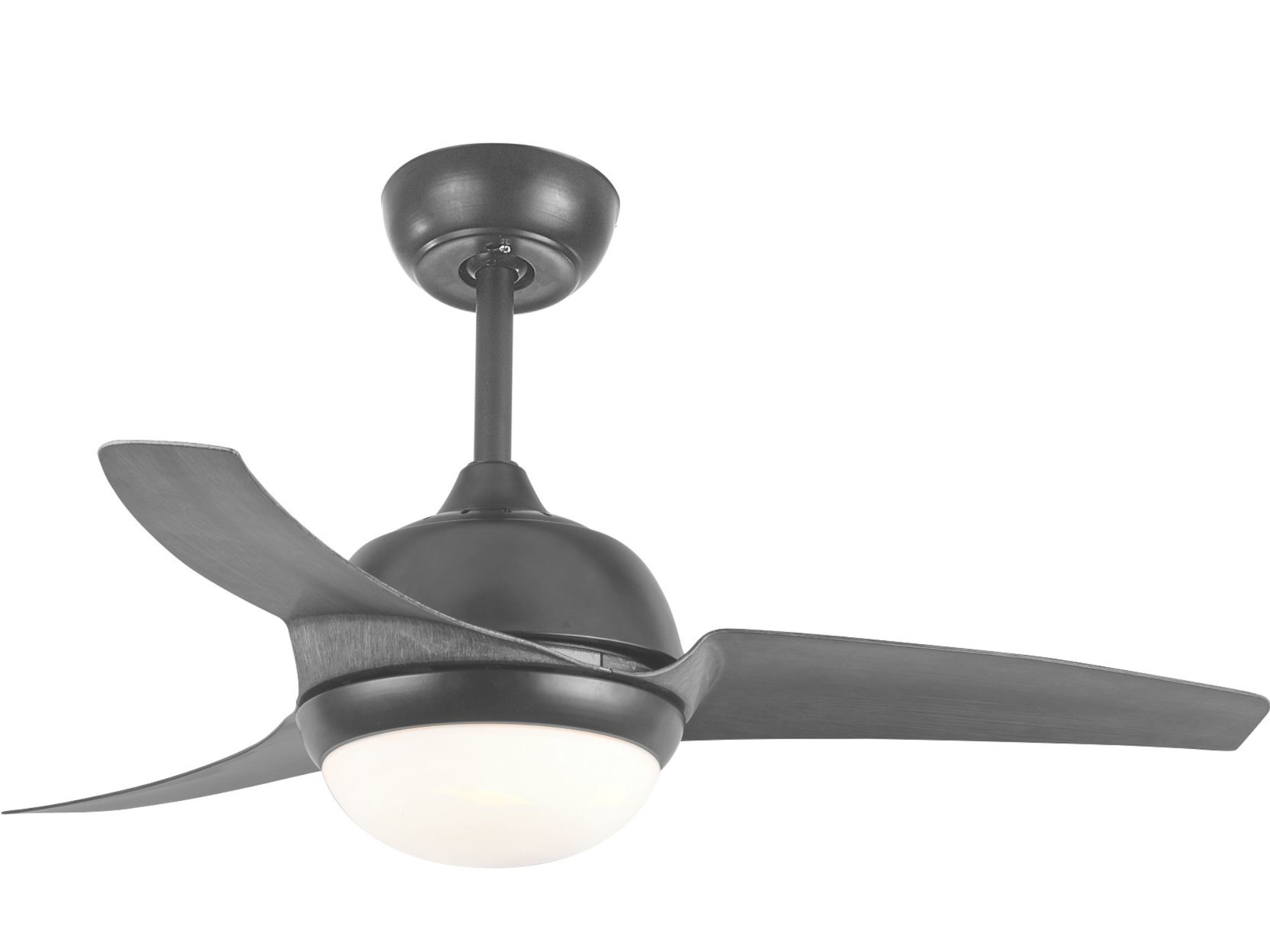 Ventilador de techo negro con tres aspas y una luz de globo blanca, aislado sobre fondo blanco.