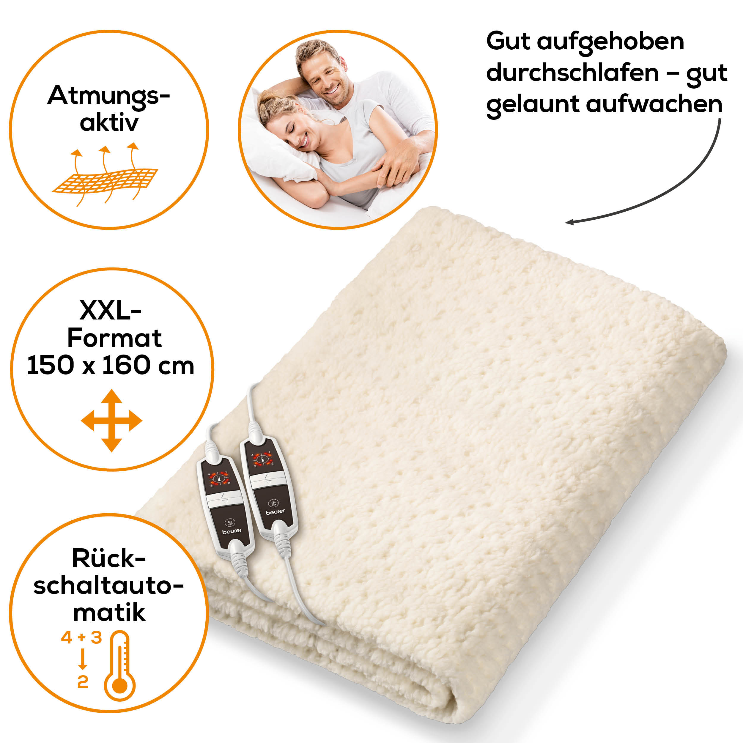 Eine weiße elektrische Heizdecke mit zwei Reglern, ein Bild eines Paares und Text auf Deutsch.