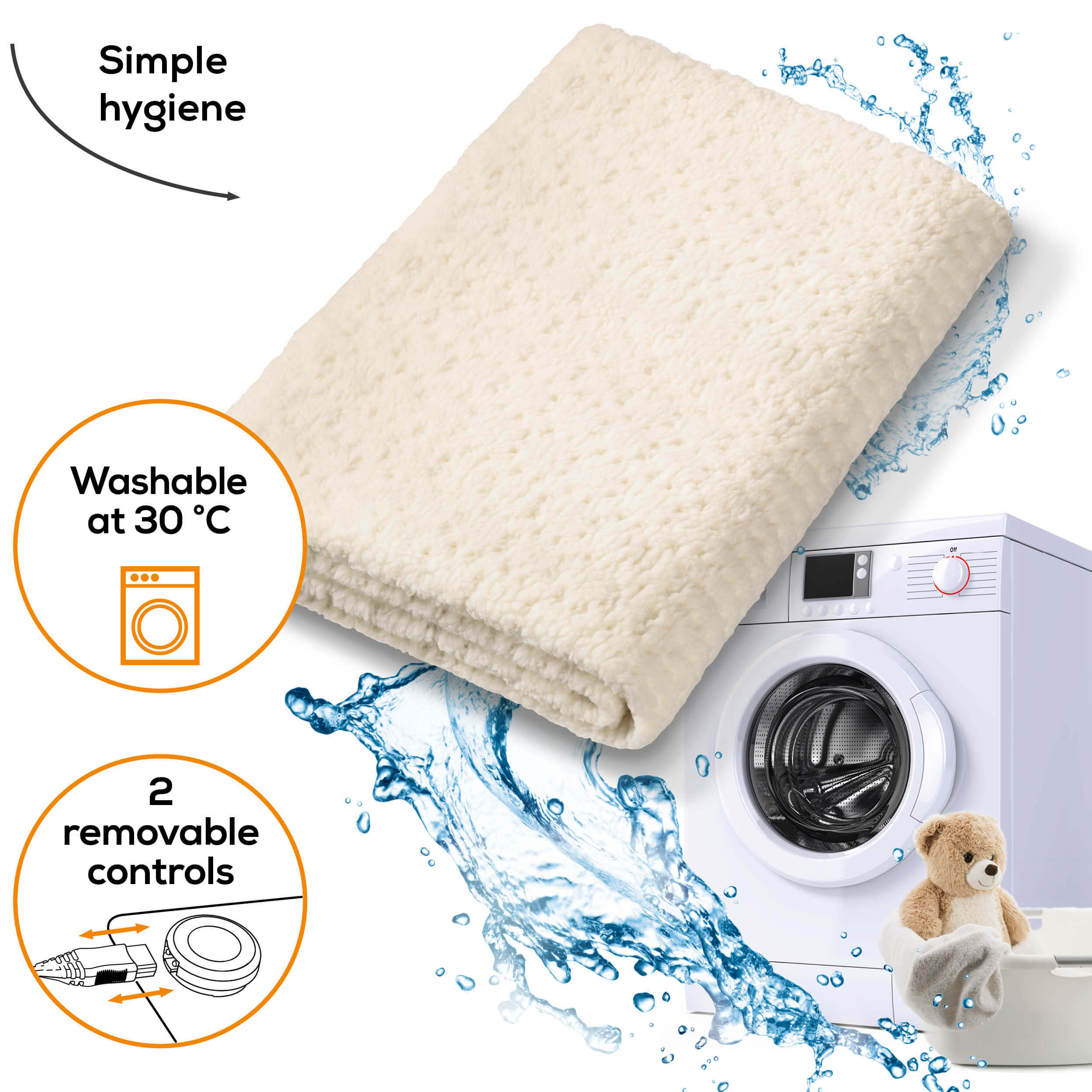 Ein gefaltetes weißes Handtuch mit Wasserspritzern und Waschmaschine, mit Text über Hygiene.