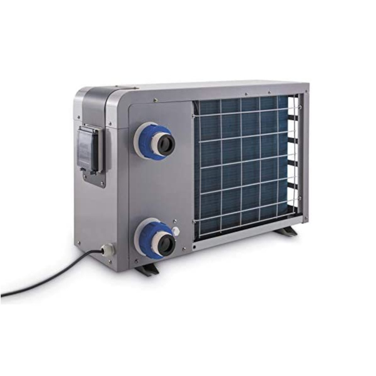 Eine graue Klimaanlage mit blauen und weißen Armaturen. Es hat ein schwarzes Kabel und ist auf weißem Hintergrund.