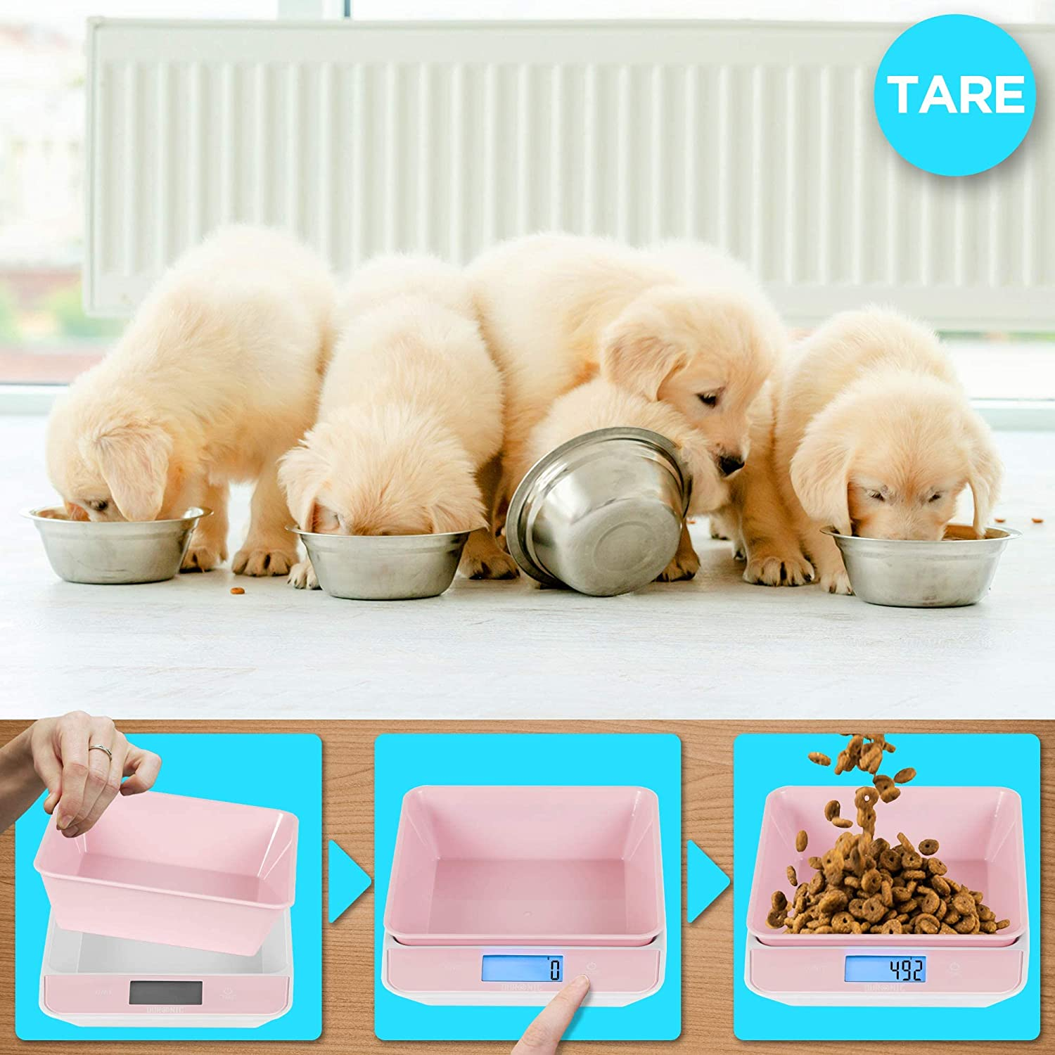 Cachorros comiendo de cuencos, y una báscula con comida.