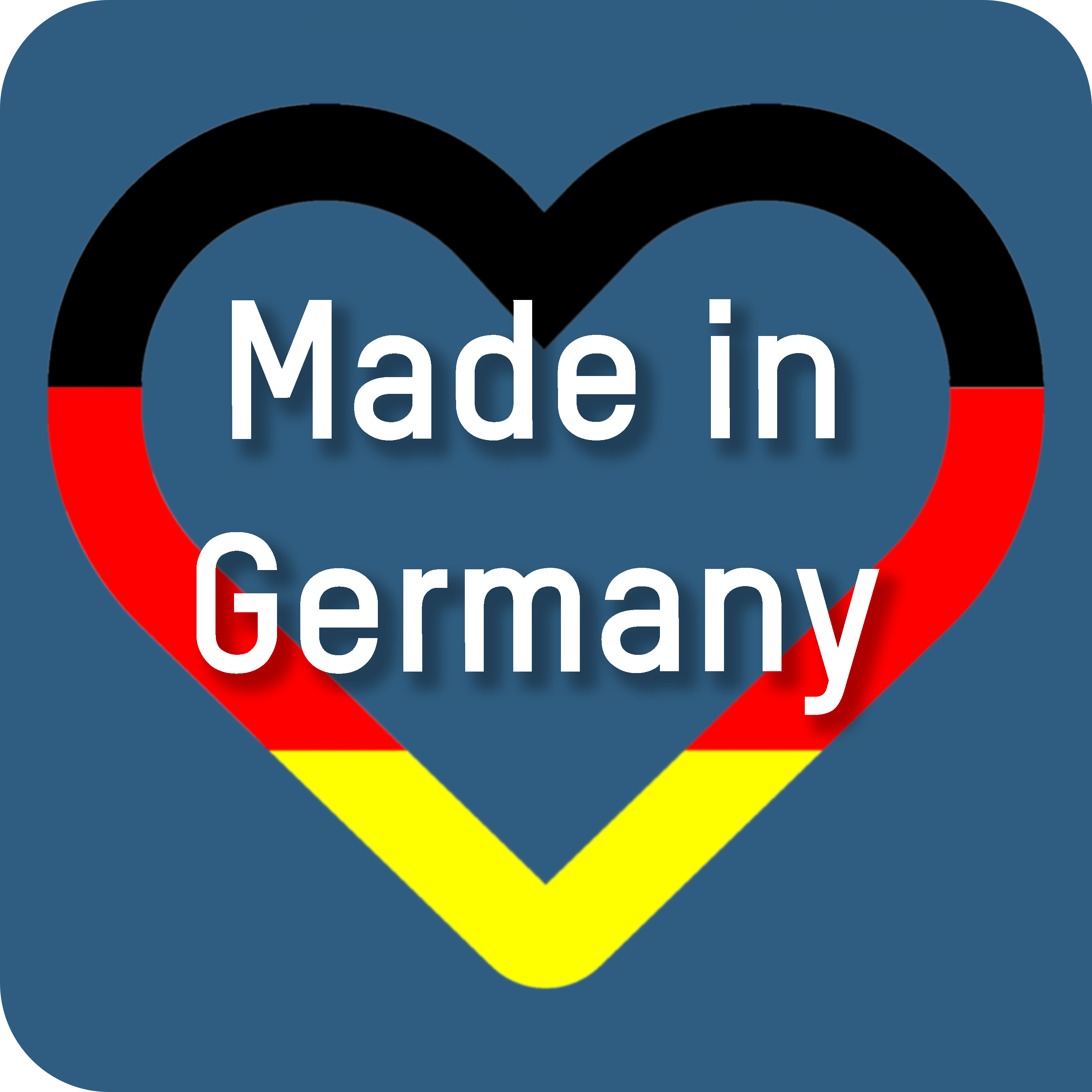 Ein Logo mit Herzform in deutschen Flaggenfarben mit Text 'Made in Germany'.