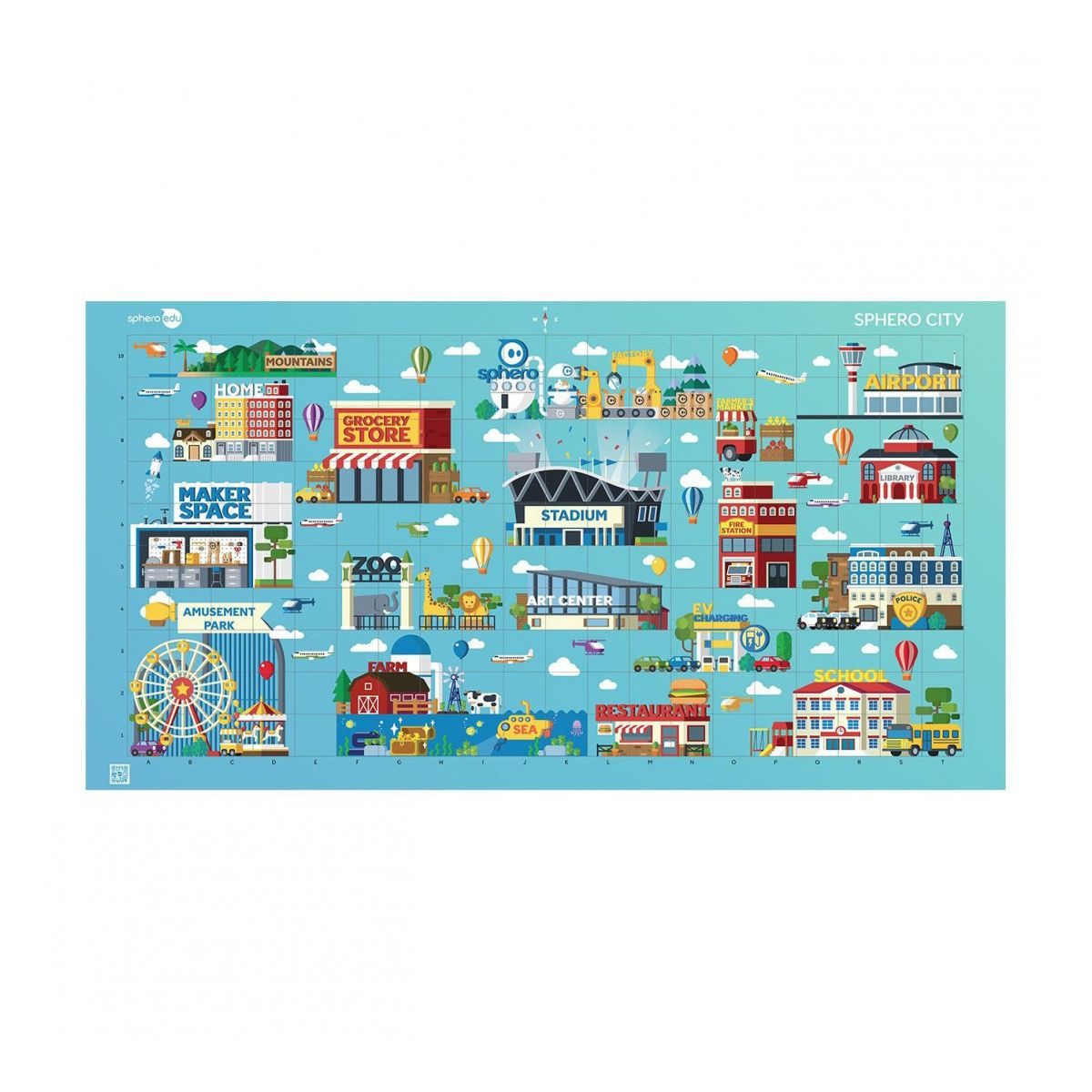 Mapa ilustrado y colorido de una ciudad con varios puntos de interés y actividades.