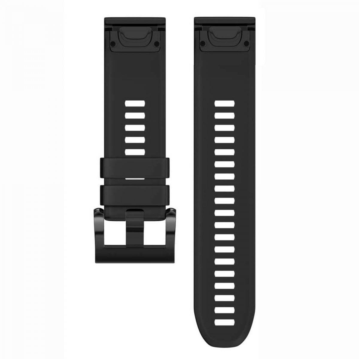 Ein schwarzes Uhrenarmband mit schwarzer Schnalle. Das Armband hat vertikale Linien.