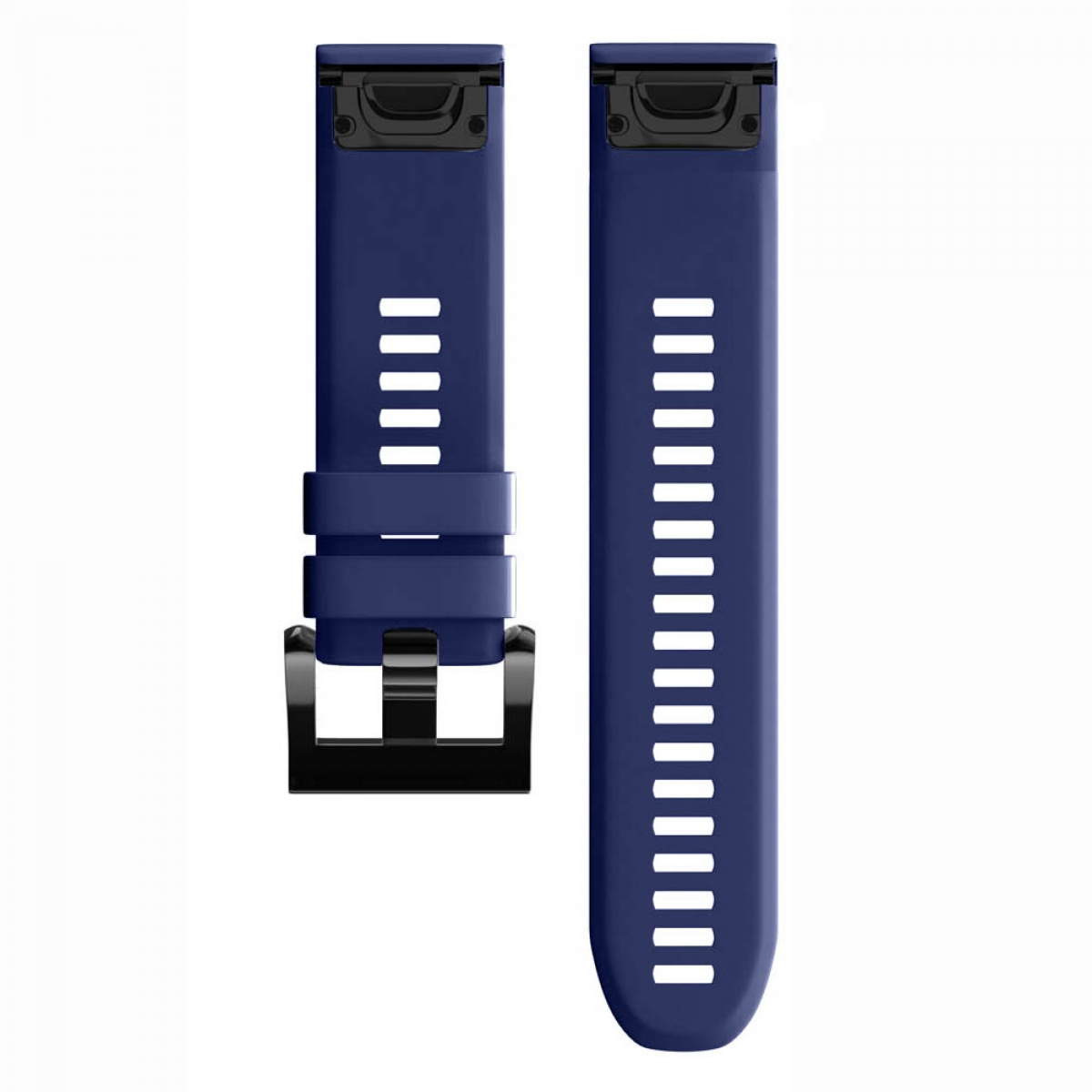 Zwei blaue Smartwatch-Armbänder mit Schnalle und mehreren Löchern, auf weißem Hintergrund.