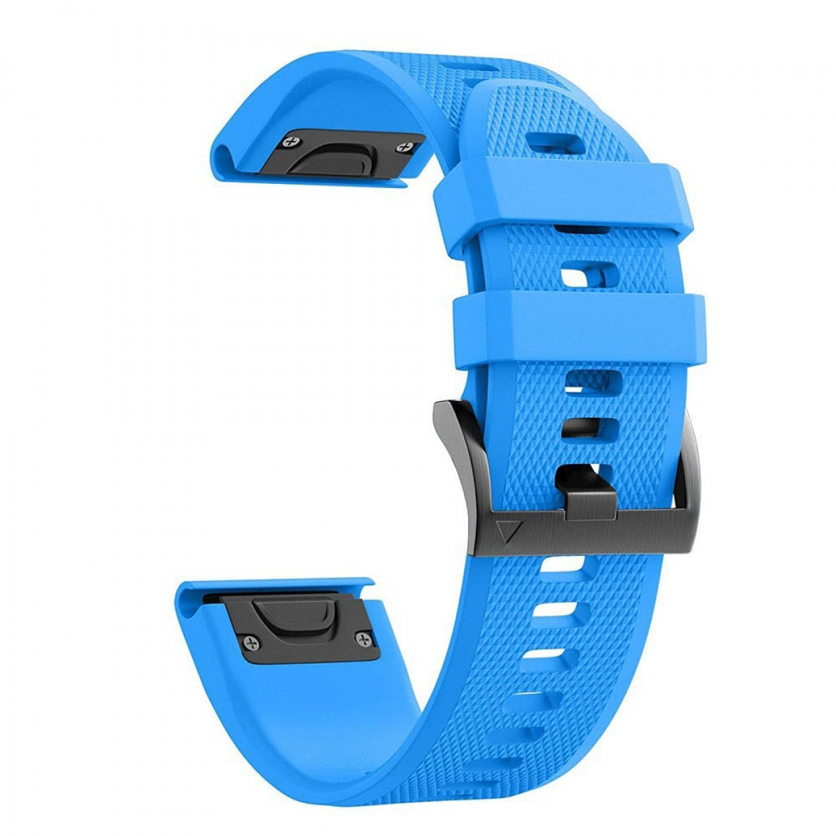 Blaues Uhrenarmband mit schwarzem Verschluss.