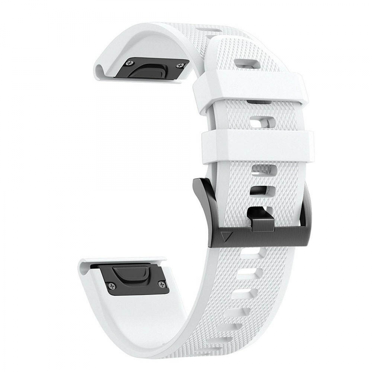 Ein weißes Uhrenarmband mit schwarzer Schnalle. Das Armband hat ein strukturiertes Muster und ist gebogen.