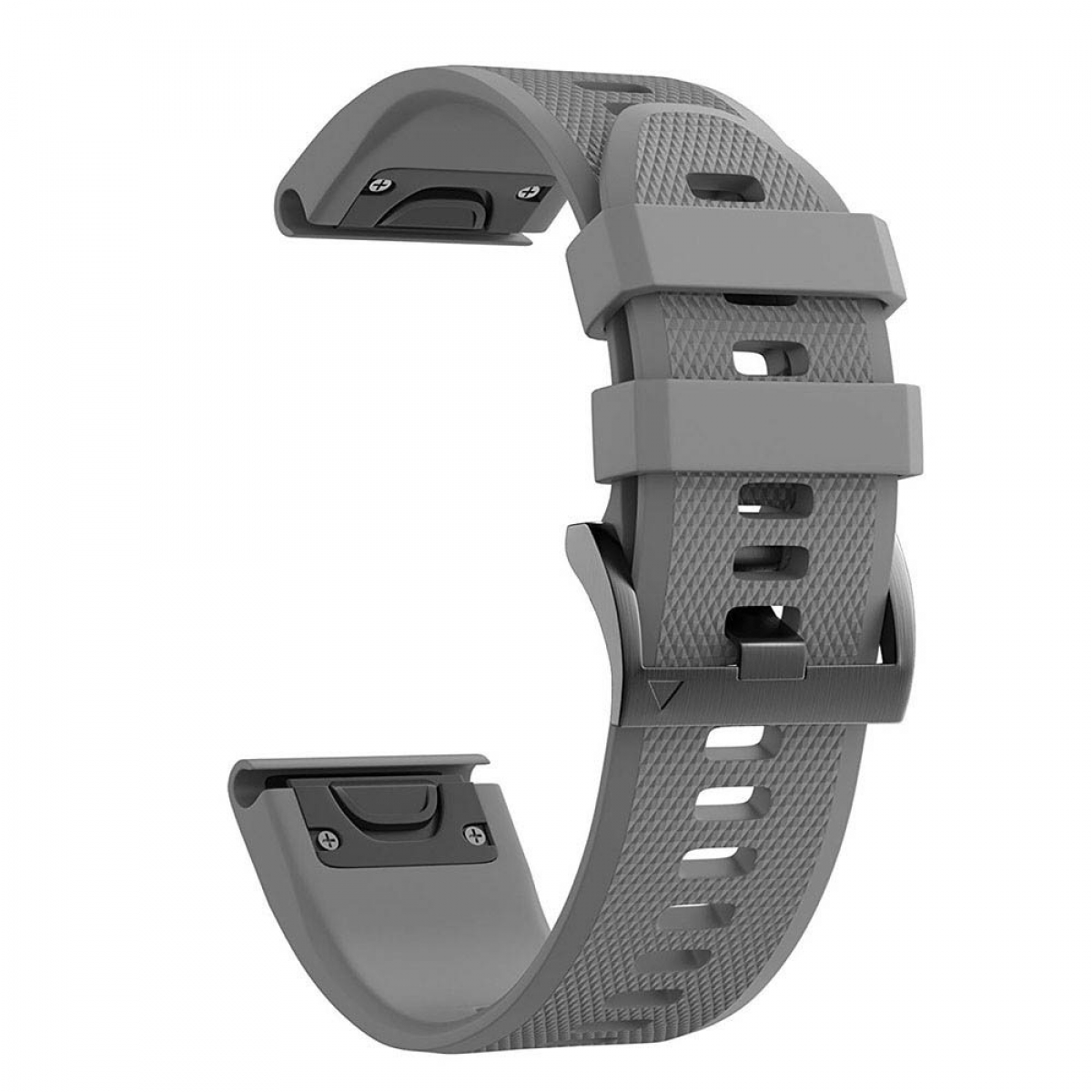 Graues Uhrenarmband mit strukturierter Oberfläche und Metallschnalle.