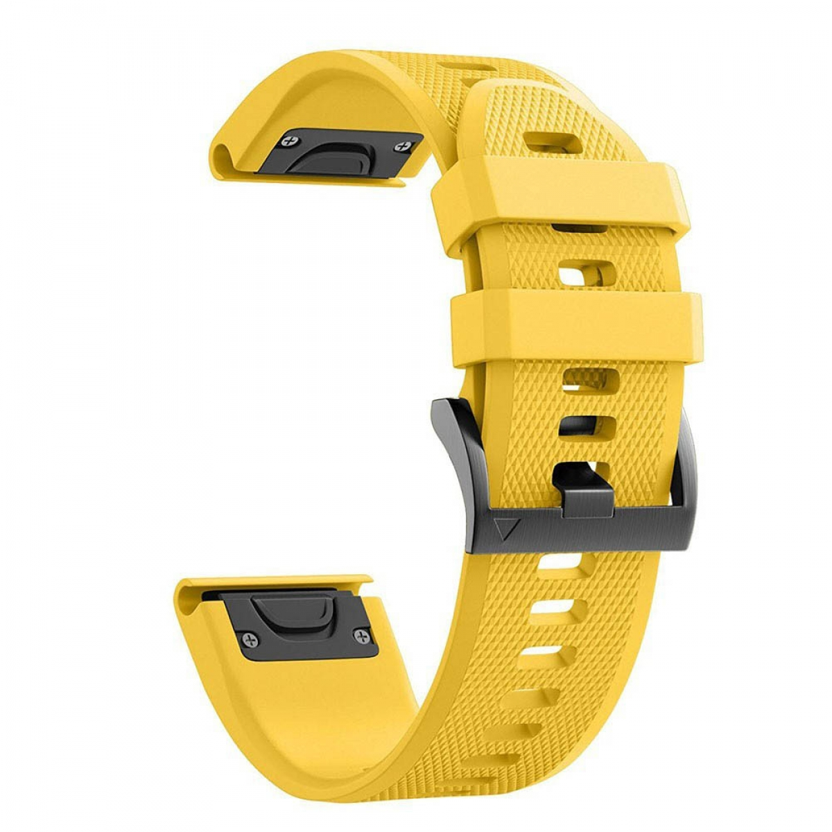 Ein gelbes Uhrenarmband mit schwarzer Schnalle und Aufsätzen, strukturierte Oberfläche.