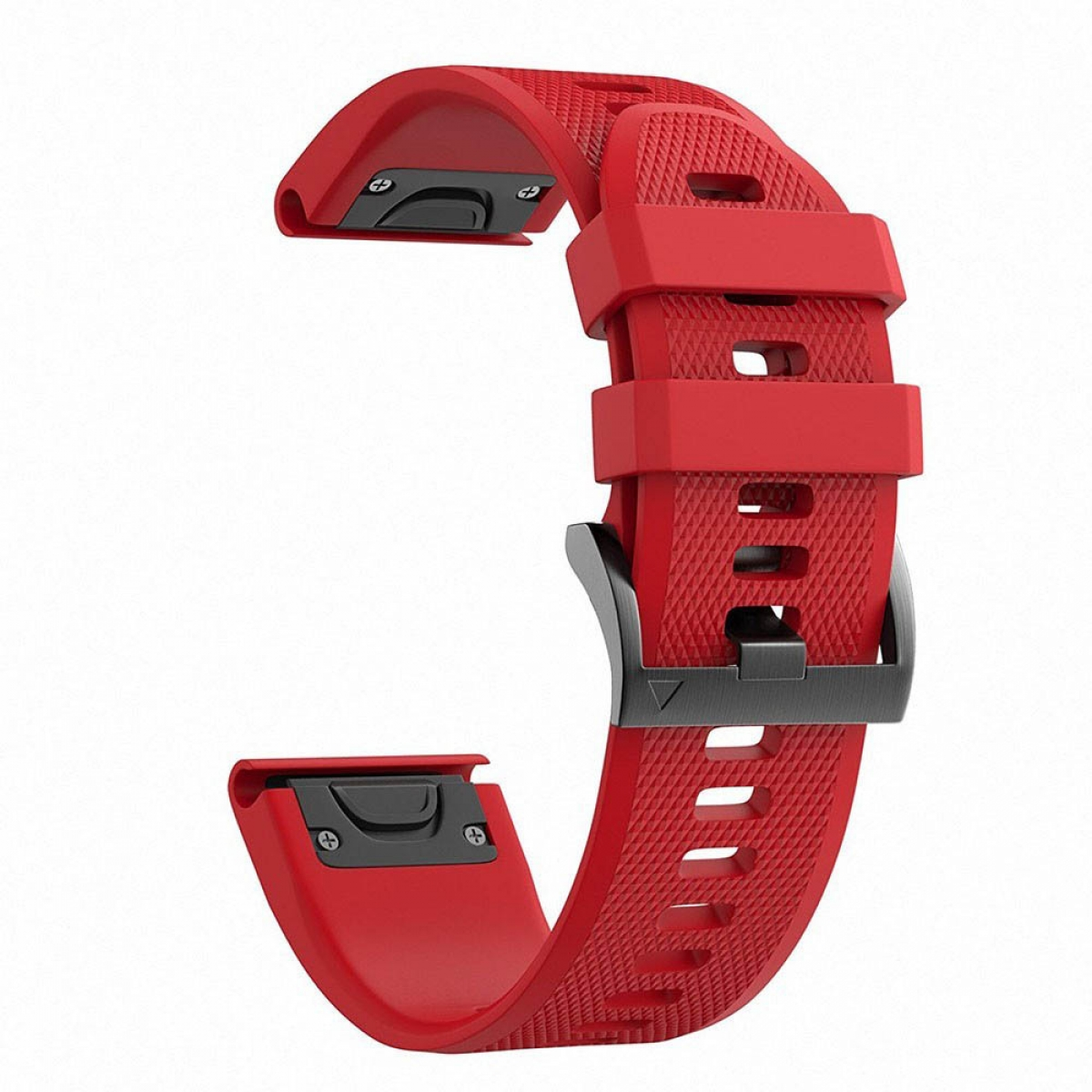 Rotes Uhrenarmband mit schwarzer Schließe. Es hat eine gebogene Form und eine strukturierte Oberfläche.