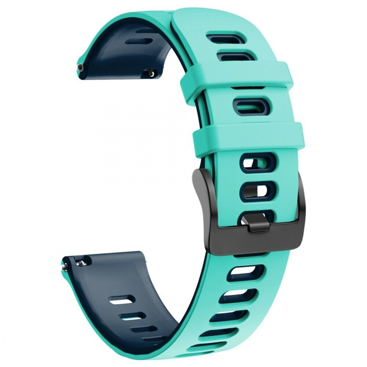 Armbanduhr. Türkis mit marineblauer Unterseite. Mit Schnalle und Schlitzen.