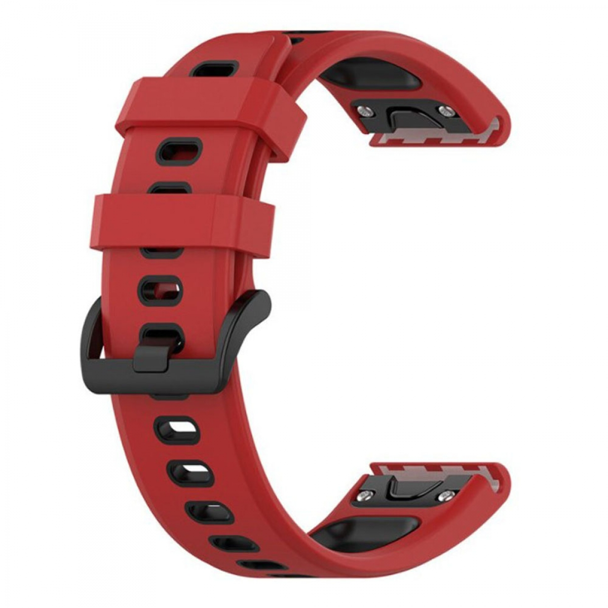 Ein rotes und schwarzes Uhrenarmband mit strukturierter Oberfläche und sicherem Verschluss.