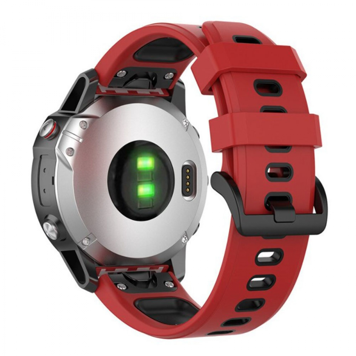 Eine Smartwatch mit rotem Armband, von hinten betrachtet, die den Herzfrequenzsensorbereich zeigt.