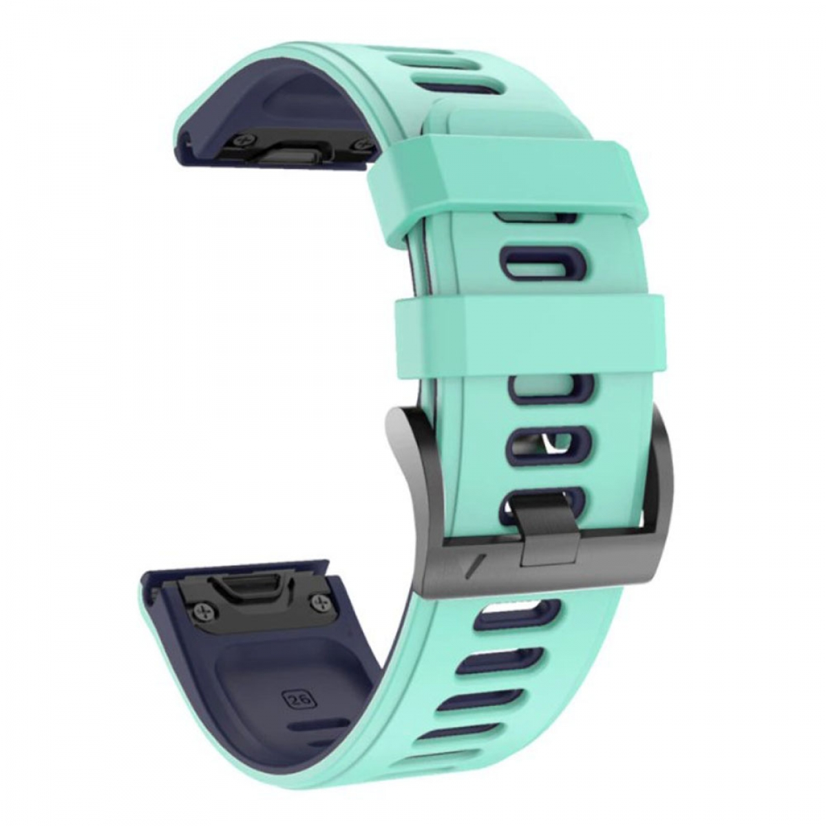 Minzgrünes Uhrenarmband mit dunkelblauen Anschlüssen und schwarzer Schnalle.
