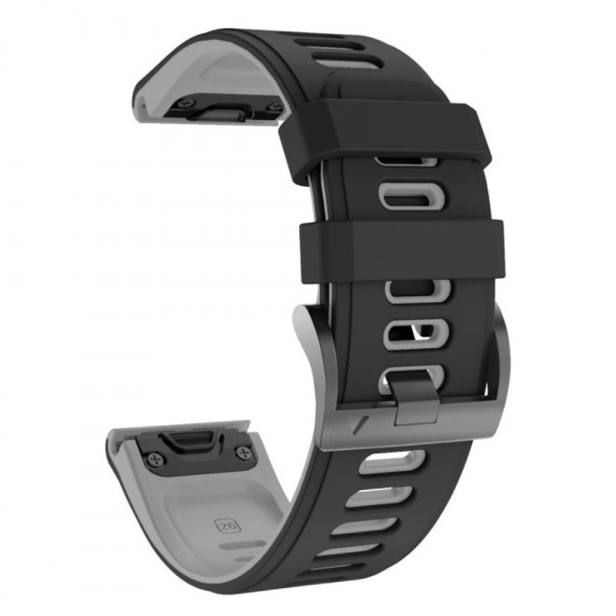 Ein schwarzes und graues Uhrenarmband mit Metallschnalle, schräg betrachtet.