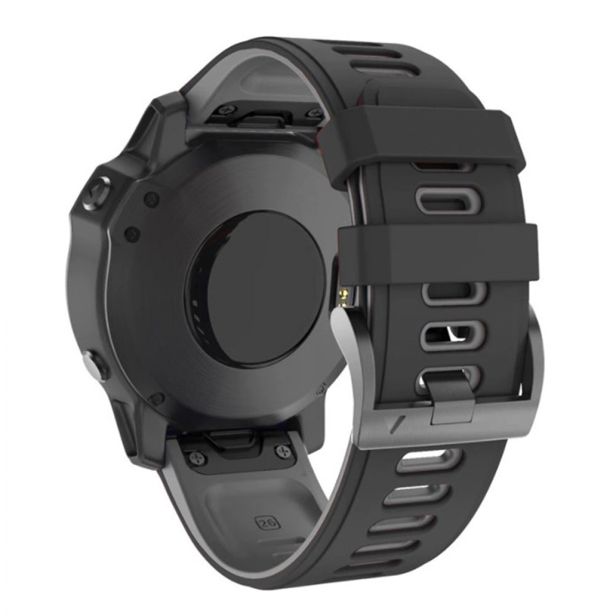 Schwarze Smartwatch. Die Uhr hat ein schwarzes Armband und ist auf weißem Hintergrund.