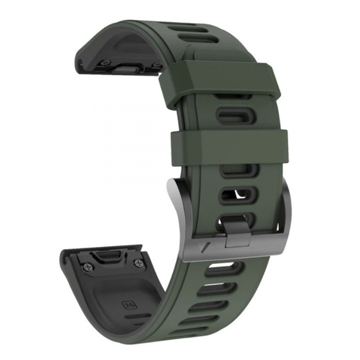 Grünes Uhrenarmband mit silberner Schnalle.