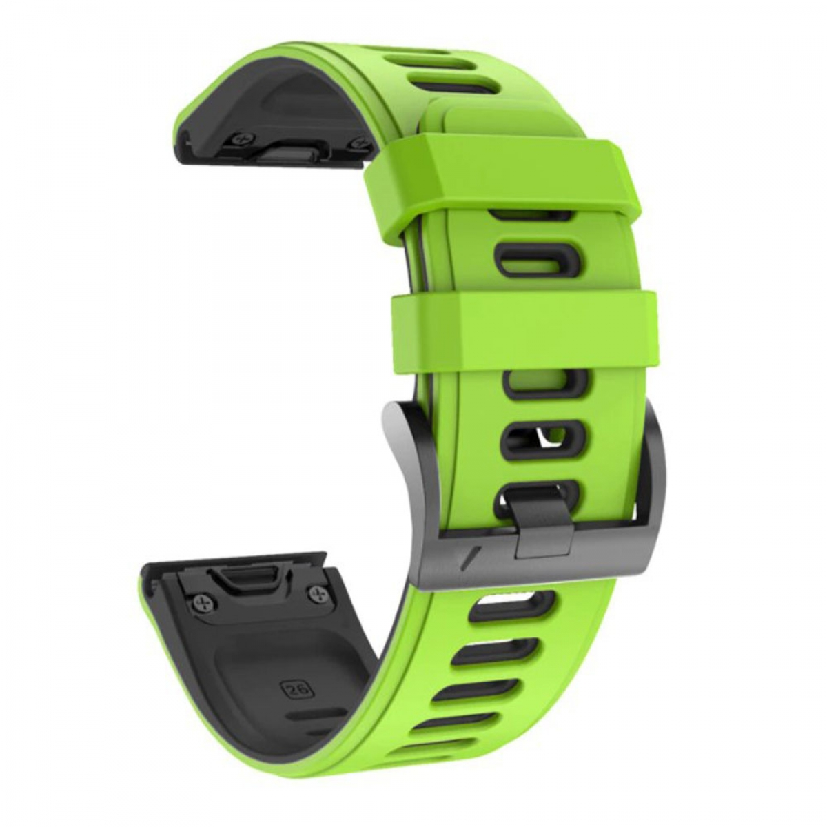 Grünes und schwarzes Armband mit Schnalle. Es hat ein geschlitztes Design und eine schwarze Schnalle.