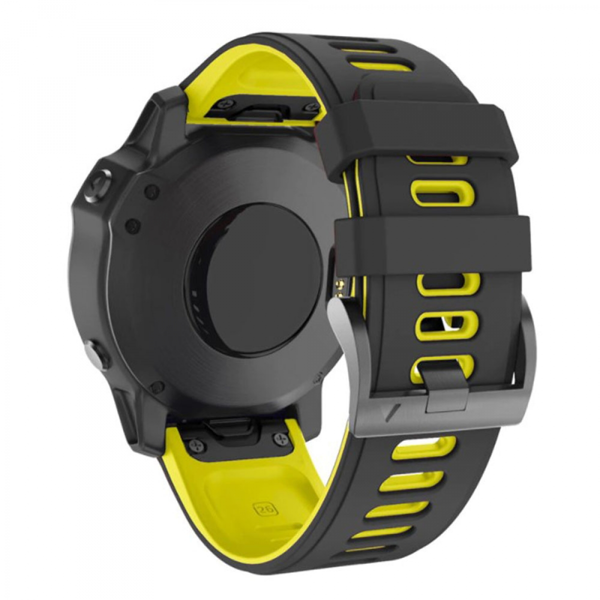 Schwarze Smartwatch mit gelben Akzenten am Armband. Schwarze Schnalle. Weißer Hintergrund.