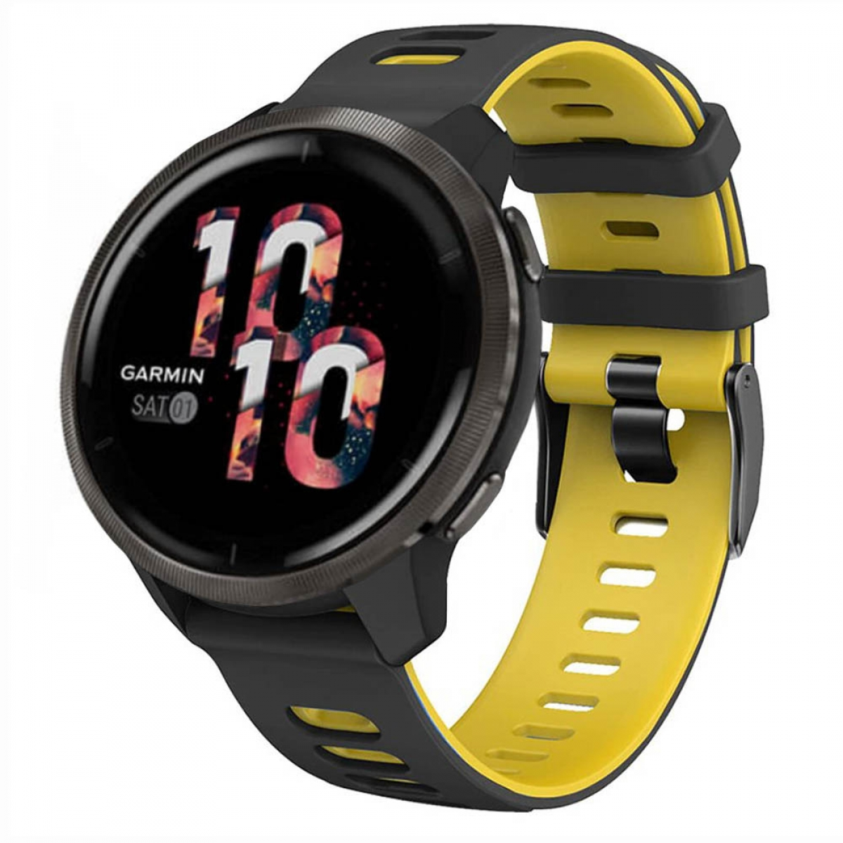 Eine schwarz-gelbe Smartwatch mit rundem Bildschirm, der Zahlen und Text anzeigt.