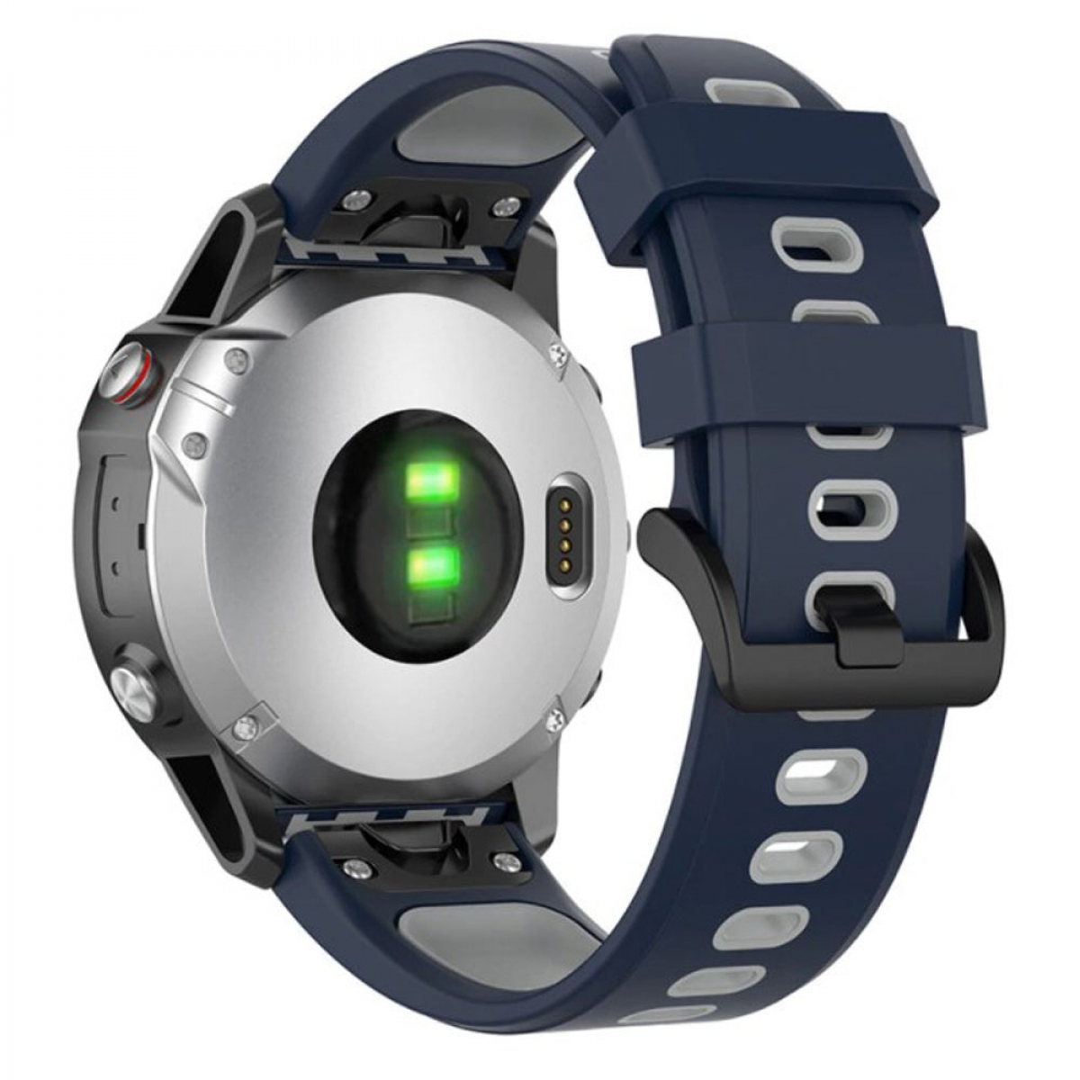 Eine Smartwatch mit blauem Armband, auf dem Rücken liegend, mit grünem Herzfrequenzsensor.