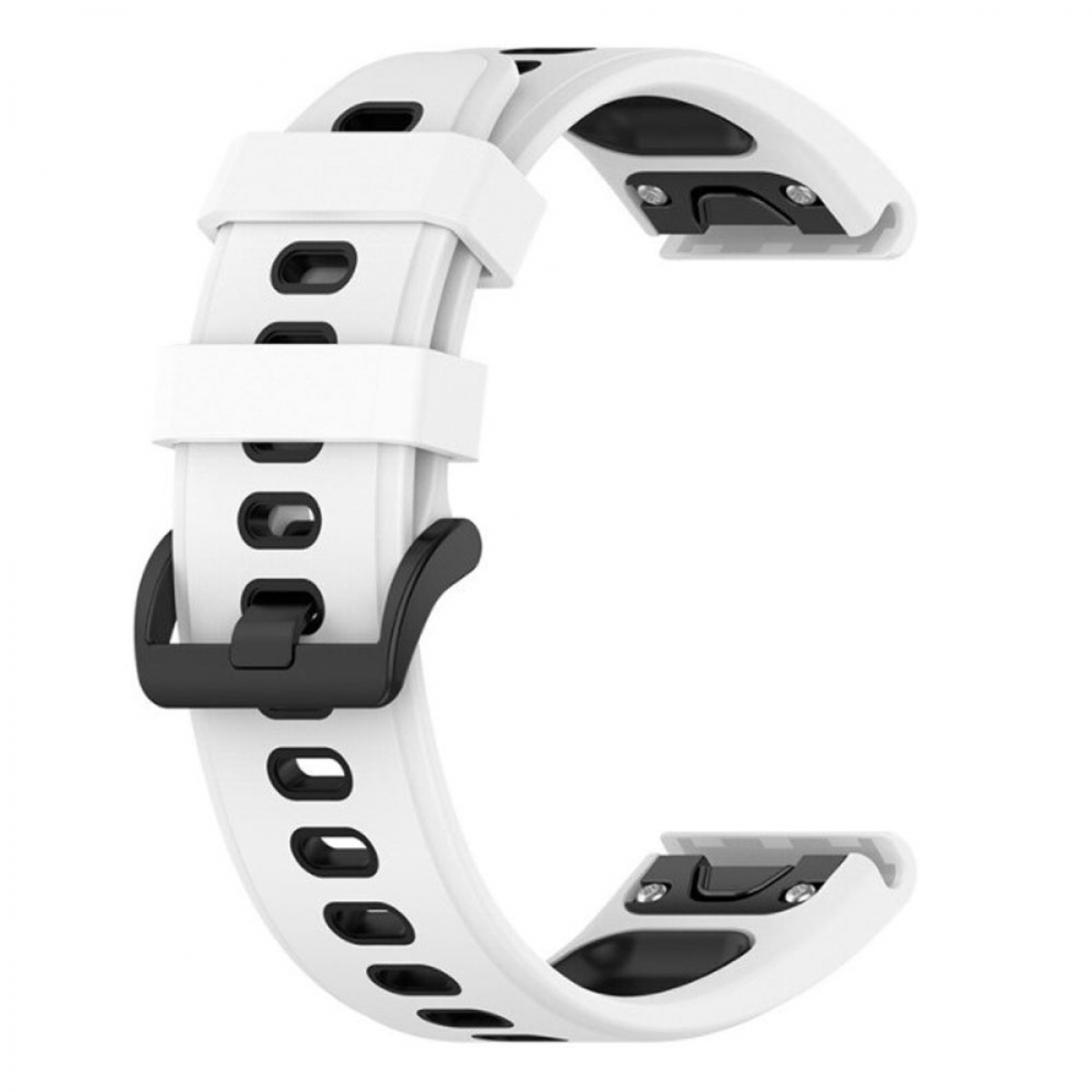 Weißes und schwarzes Armband. C-förmig, mit Schnalle und Löchern.