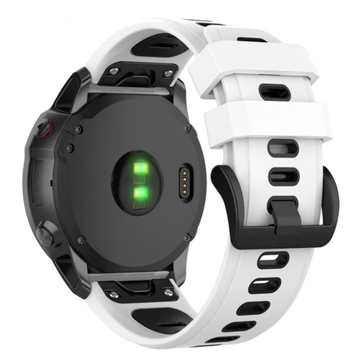 Eine Smartwatch mit weißem Armband, schwarzem Gehäuse und grünem Lichtsensor auf der Rückseite.