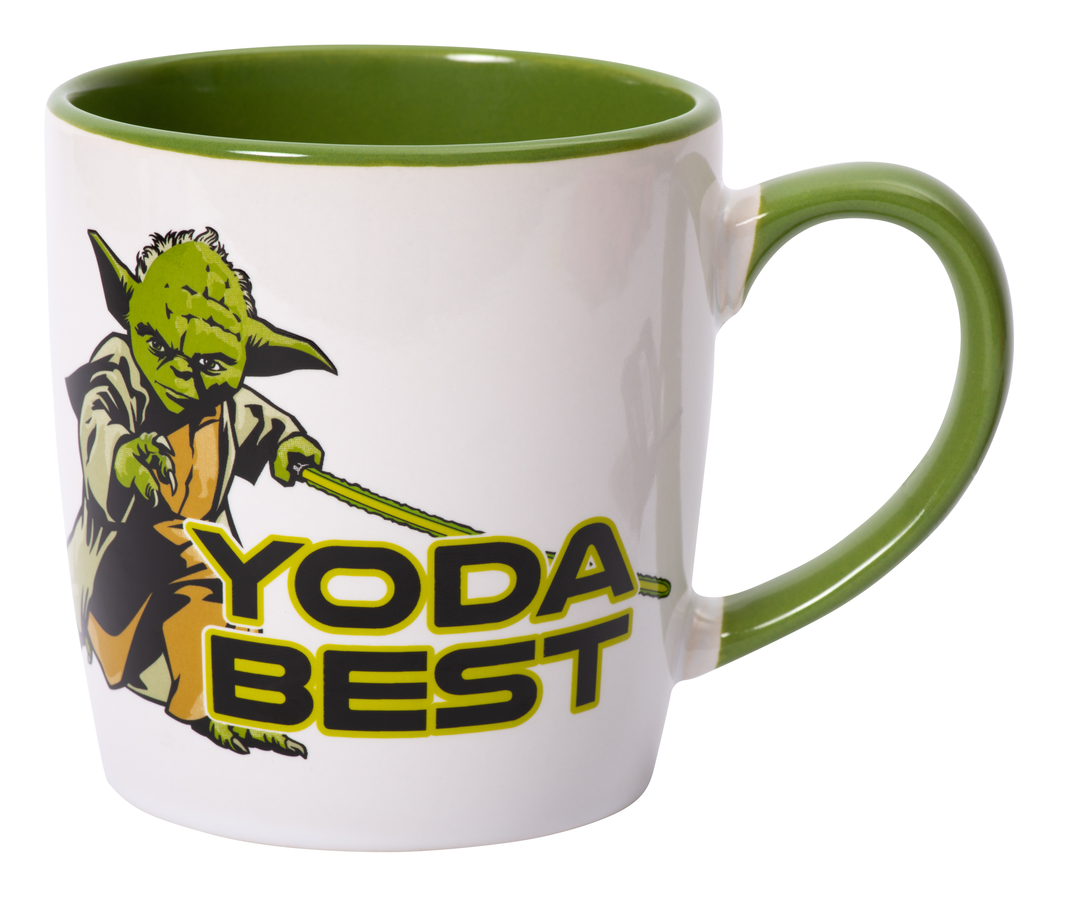 Weißer Becher mit Yoda-Grafik und grünem Griff. 'YODA BEST' auf dem Becher geschrieben.