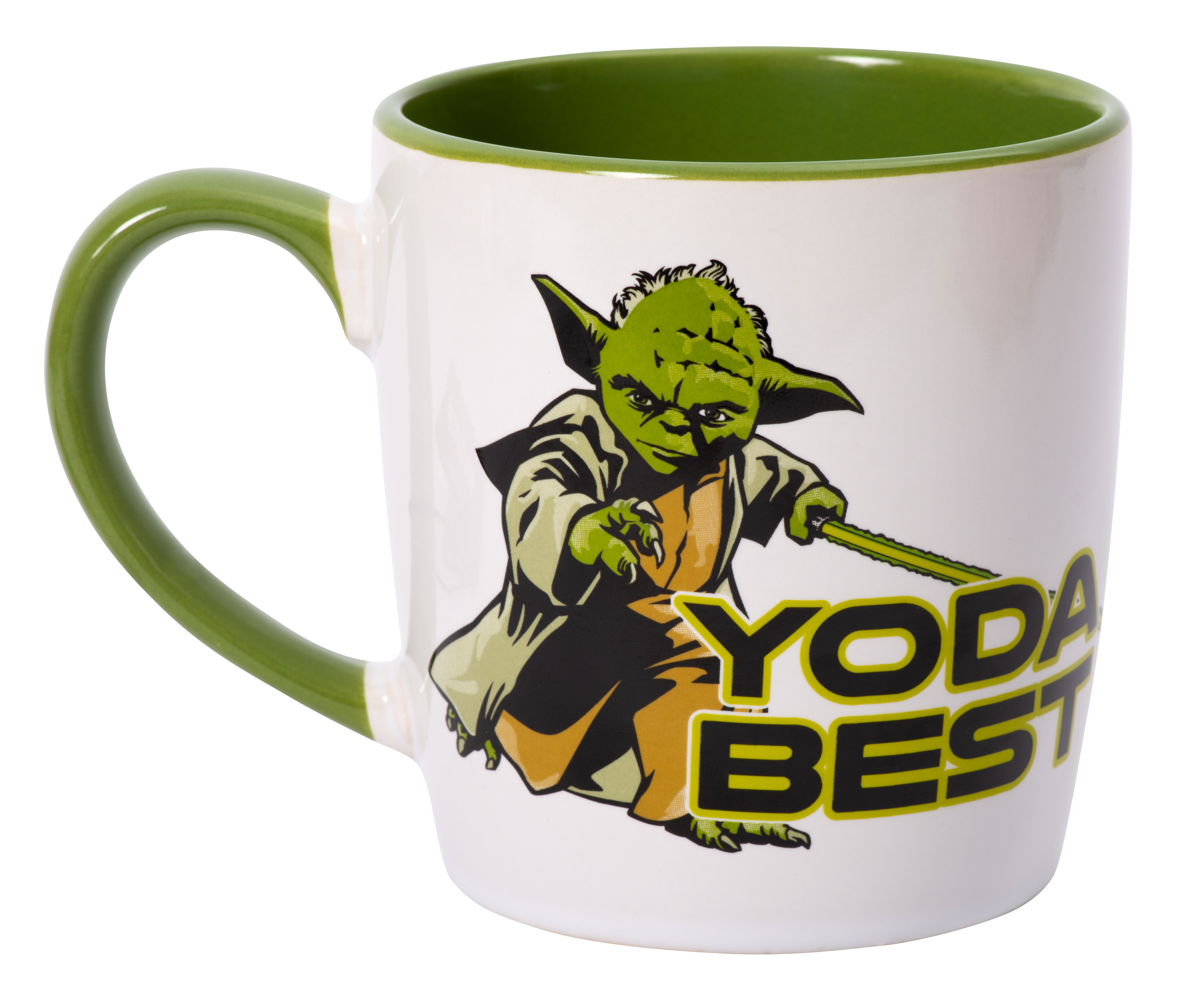 Eine Yoda-Tasse mit Yoda, der ein Lichtschwert hält, und dem Text 'Yoda Best'.