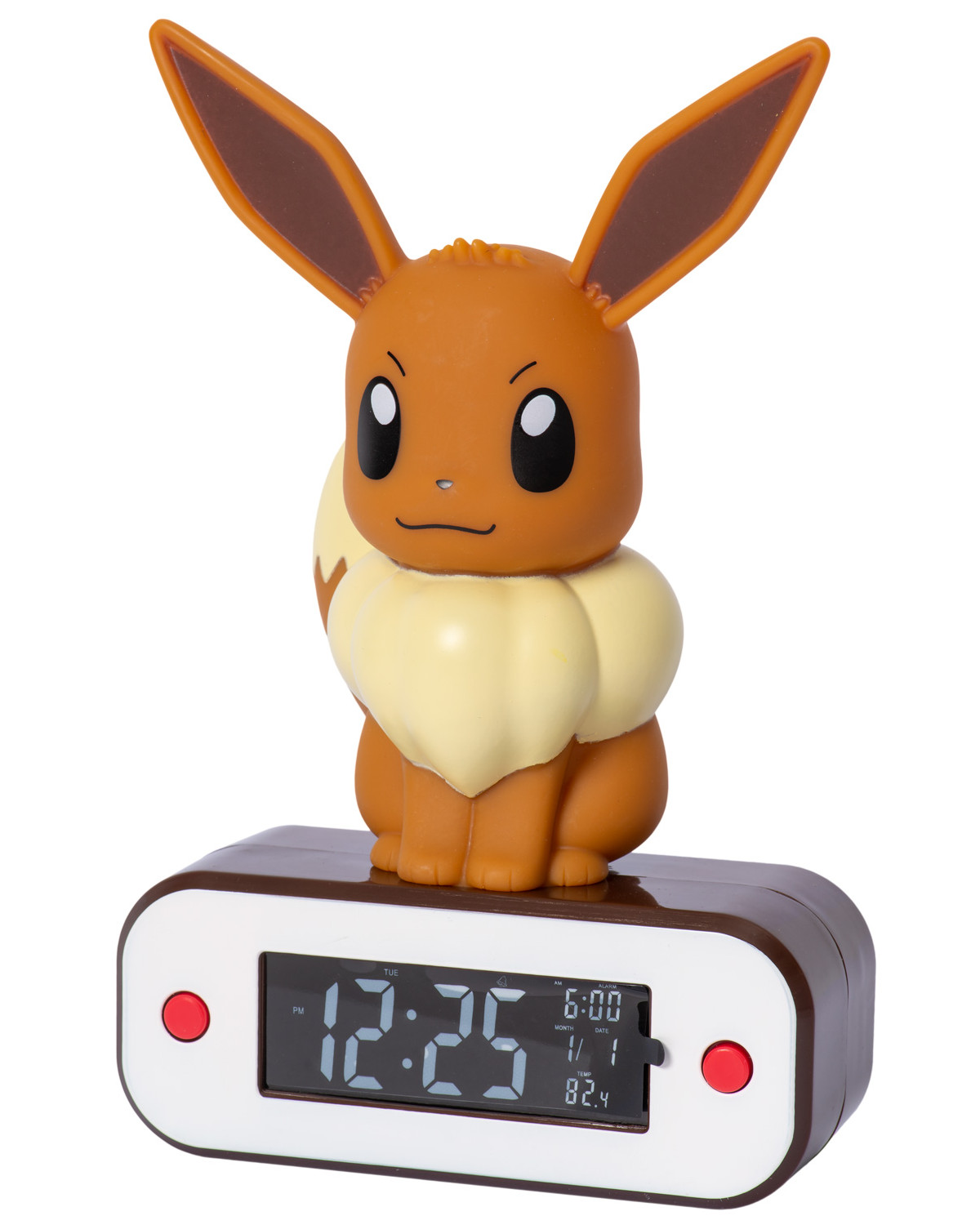 Budzik Pokémon Eevee z cyfrowym wyświetlaczem pokazującym godzinę i datę, białe tło.