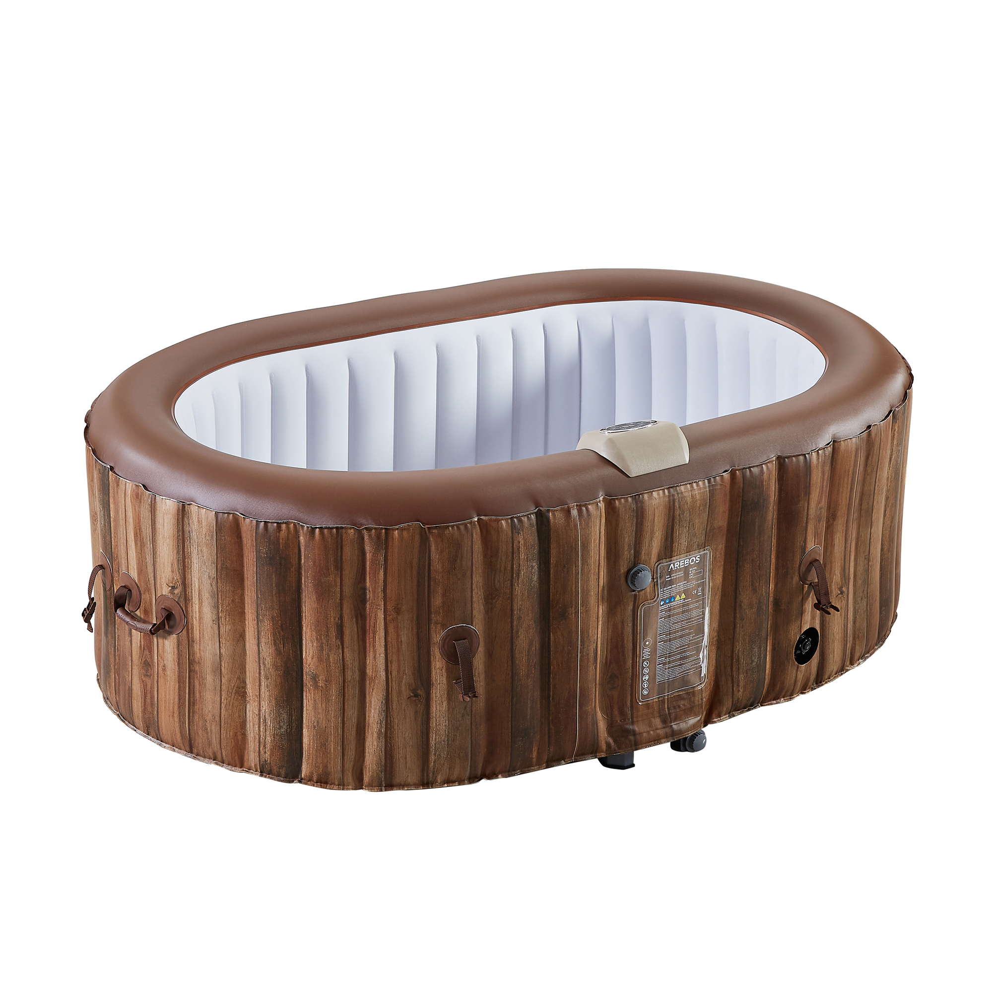 Ein oval geformter, brauner aufblasbarer Whirlpool mit holzartiger Außenseite und weißem Innenraum.