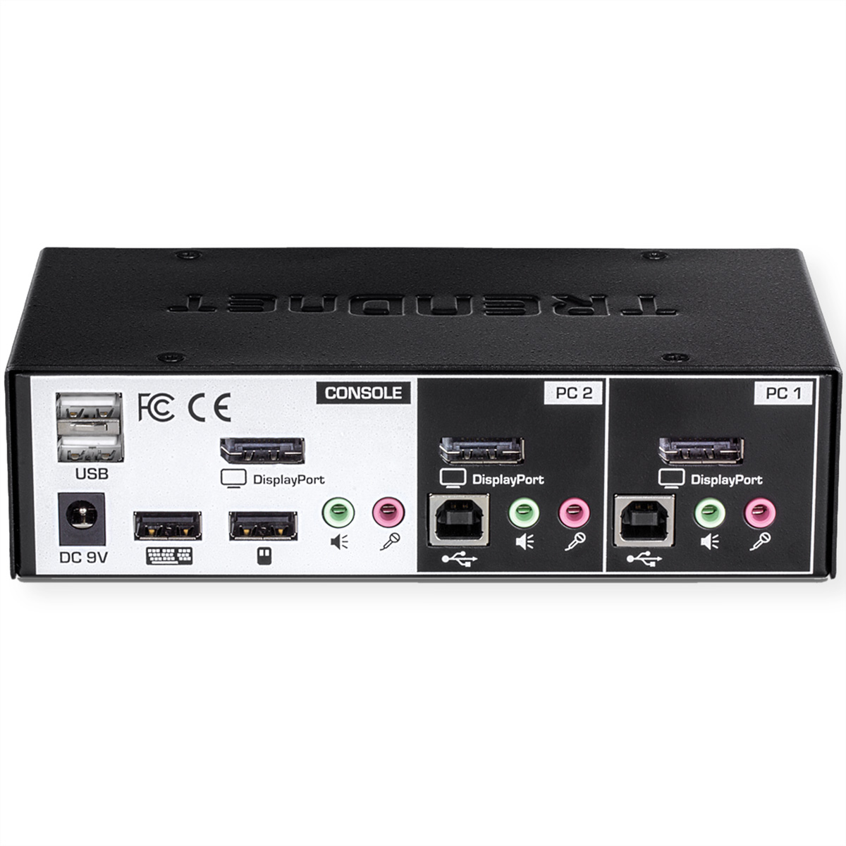 Switch KVM TRENDnet nero con porte USB, DisplayPort e audio sul retro.