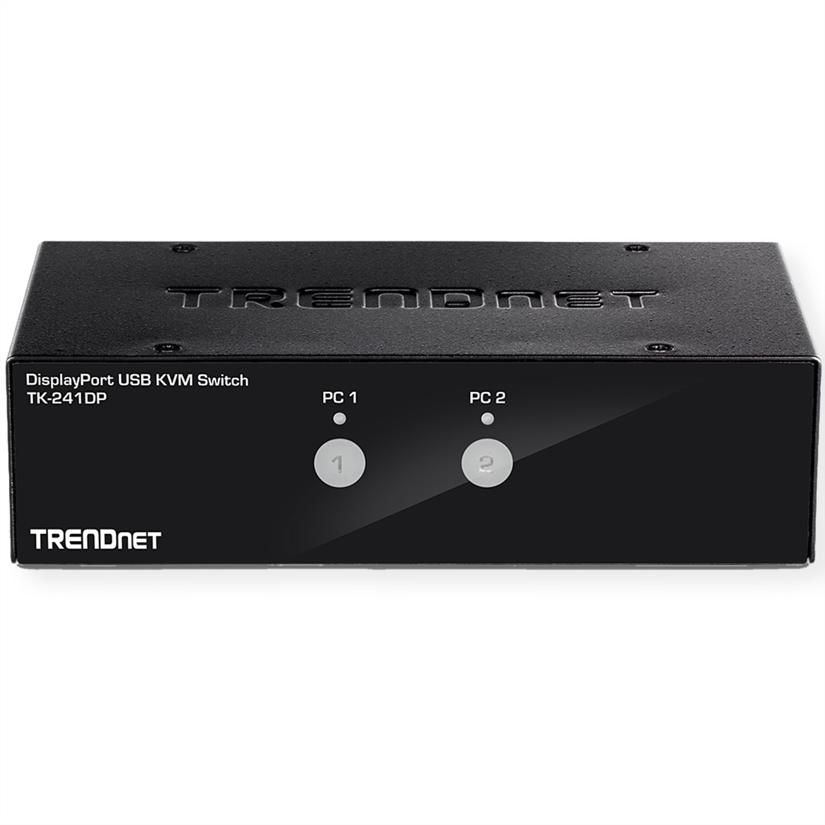 Switch KVM USB DisplayPort nero con pulsanti 'PC 1' e 'PC 2' e logo Trendnet.