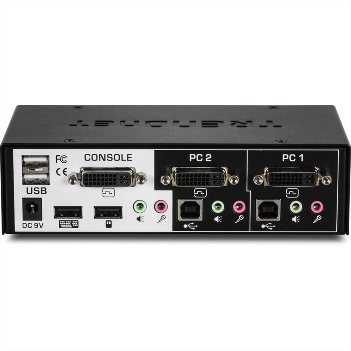 Uno switch KVM nero con porte USB, console e PC, su sfondo bianco.