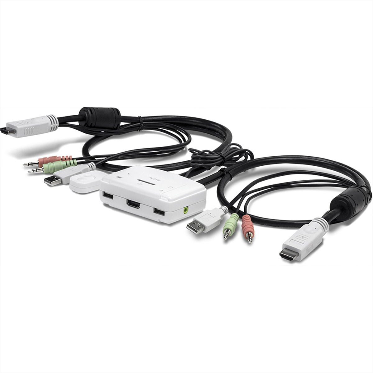 Weißer KVM-Switch mit mehreren Kabeln, darunter HDMI-, Audio- und USB-Kabel.