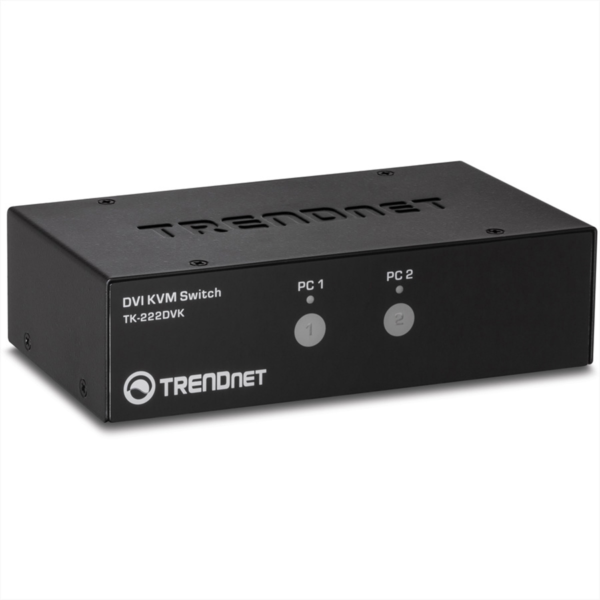 Switch DVI KVM nero con logo Trendnet, etichette PC1 e PC2.