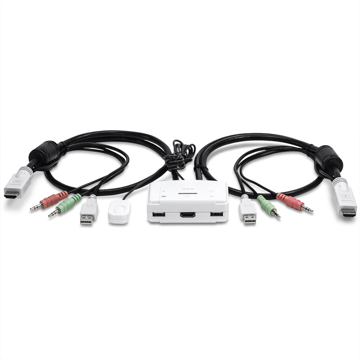 Weiß-schwarzer KVM-Switch mit mehreren Kabeln und Anschlüssen.