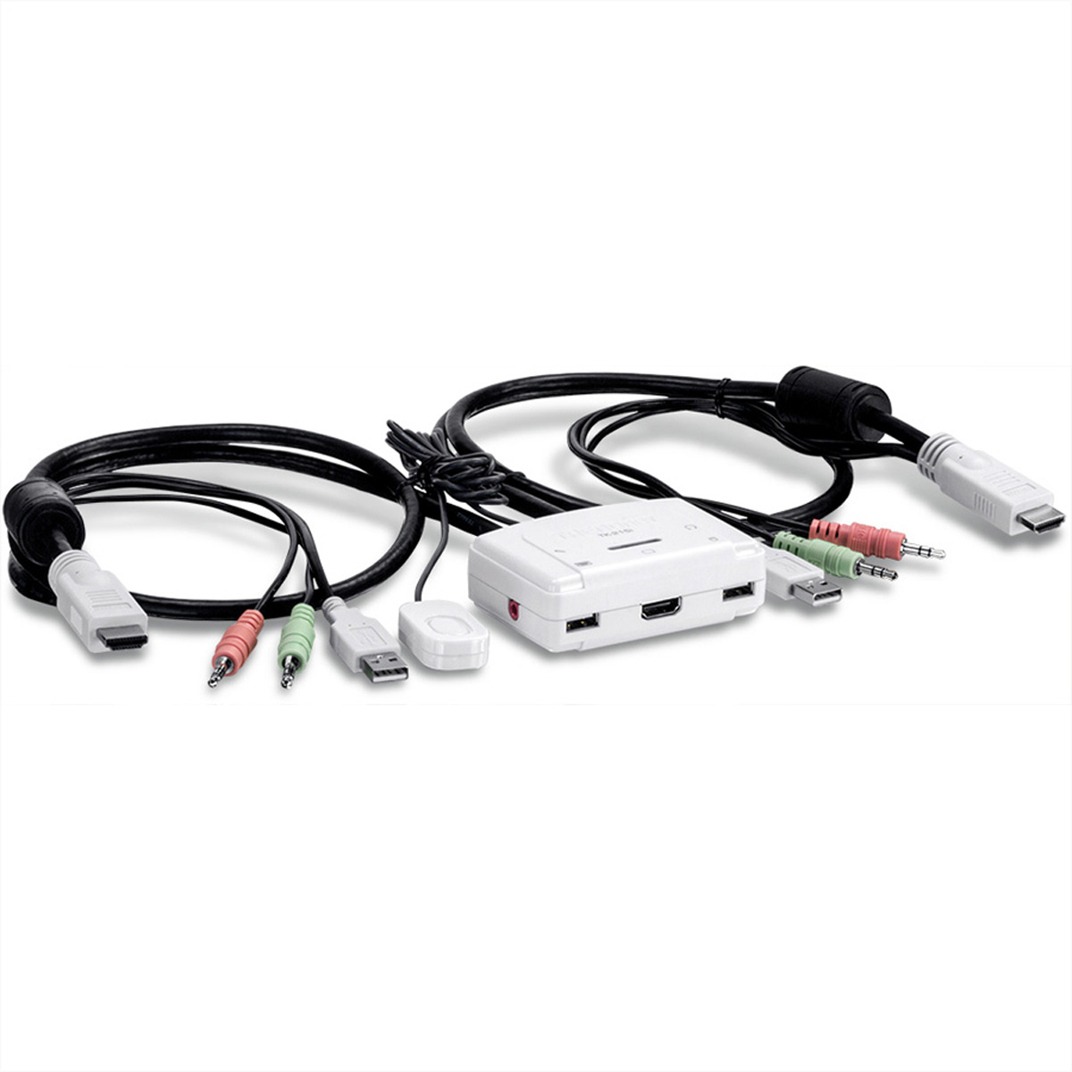 Weißes Gerät mit Kabeln und farbigen Buchsen. HDMI- und USB-Kabel angeschlossen. Weißer Hintergrund.