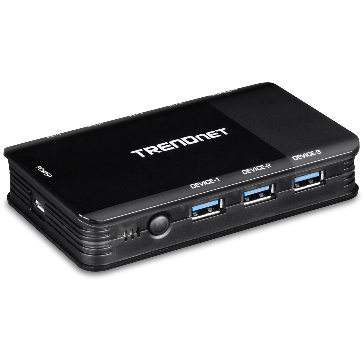 Schwarzer USB-Hub mit drei USB-Anschlüssen und einem Stromeingang, weißer Hintergrund.
