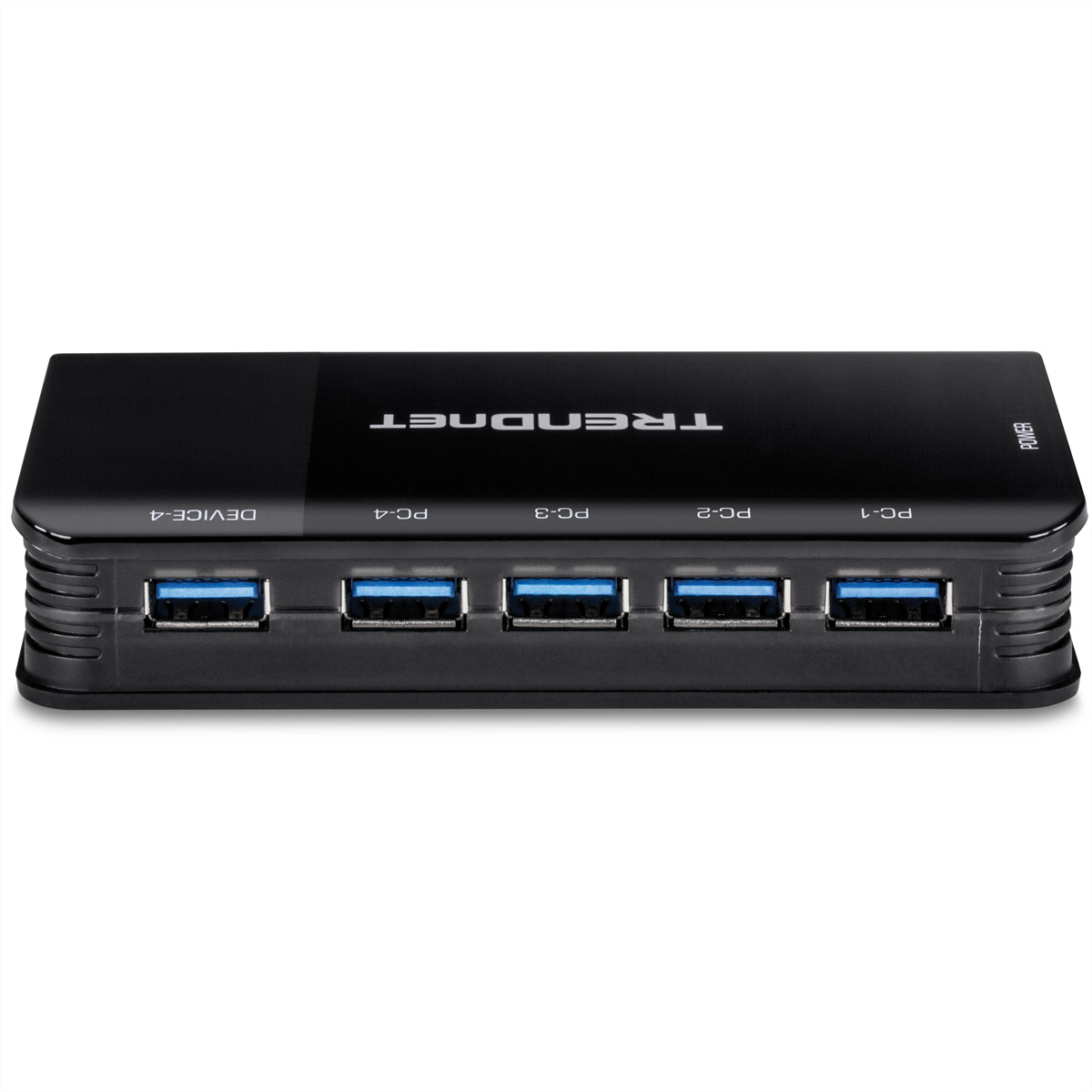 Schwarzer TRENDnet USB-Hub mit fünf USB-Anschlüssen. Beschriftung 'TRENDnet' und 'Device 4'.