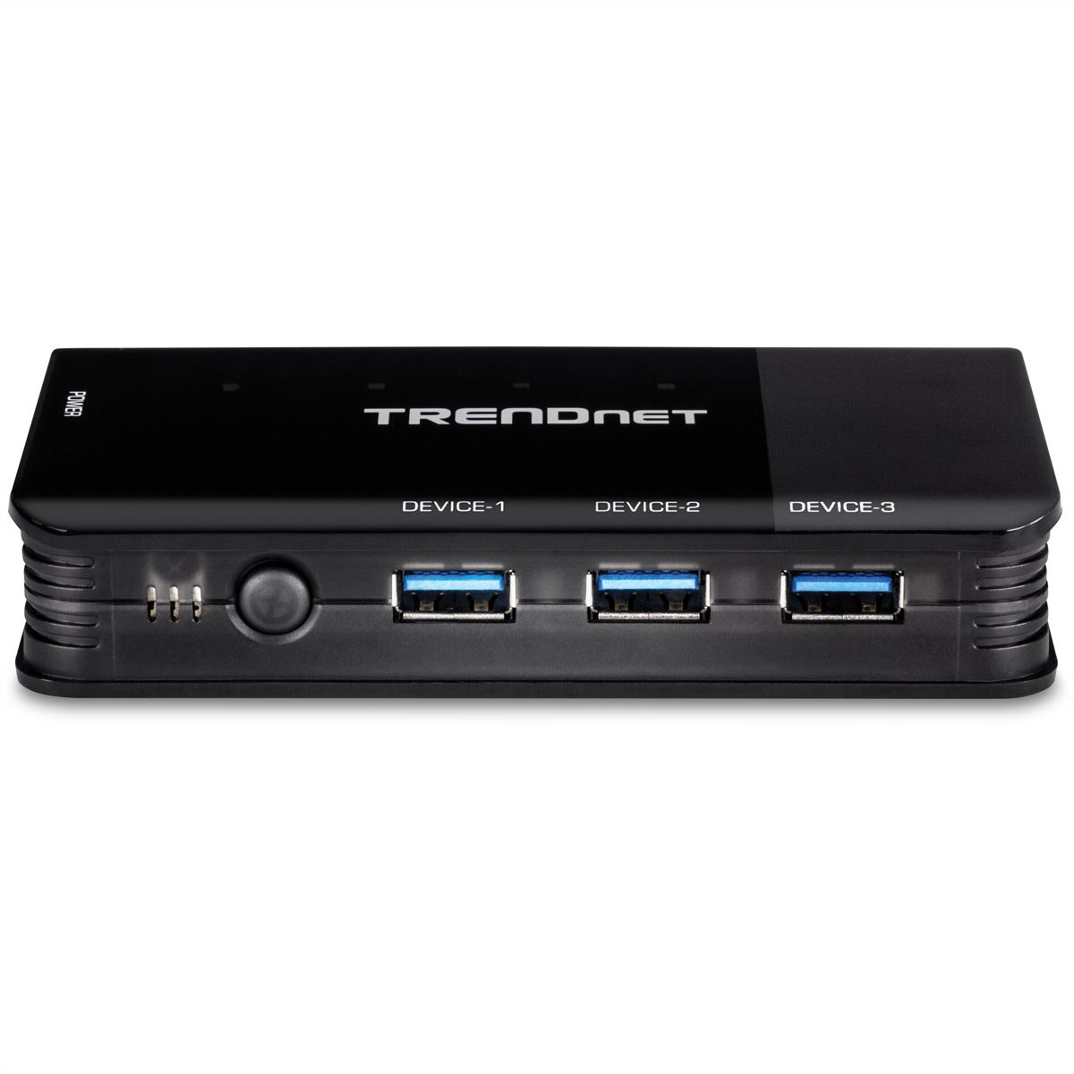 Ein schwarzer TRENDnet USB-Hub mit drei USB-Anschlüssen.