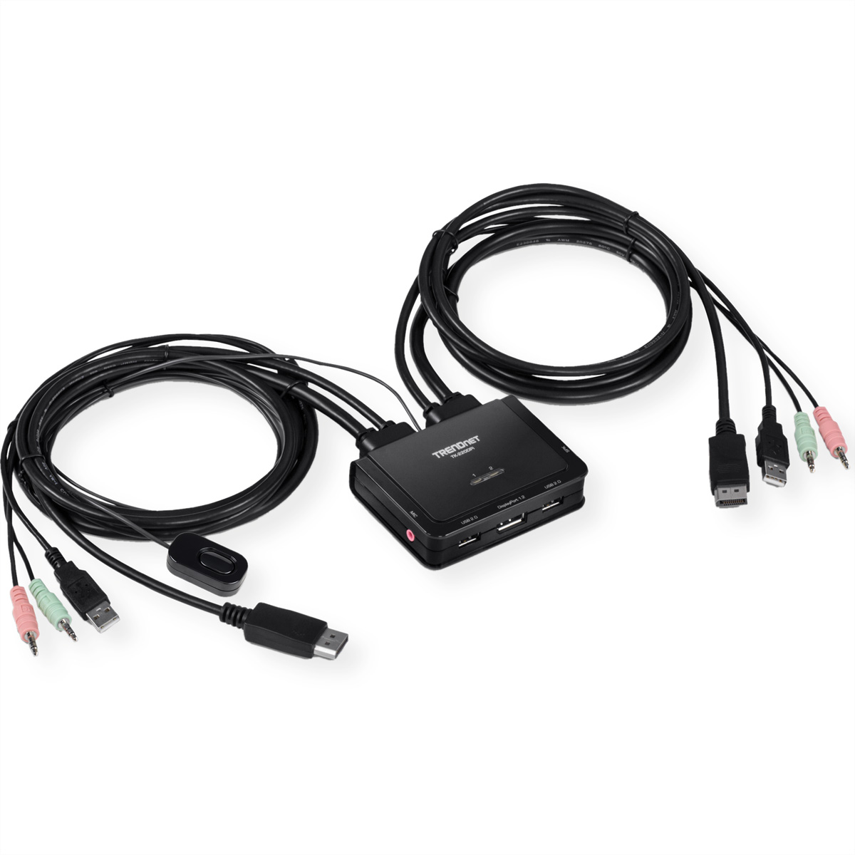 Appareil TRENDnet noir avec plusieurs câbles, ports pour USB, HDMI, audio et divers connecteurs.