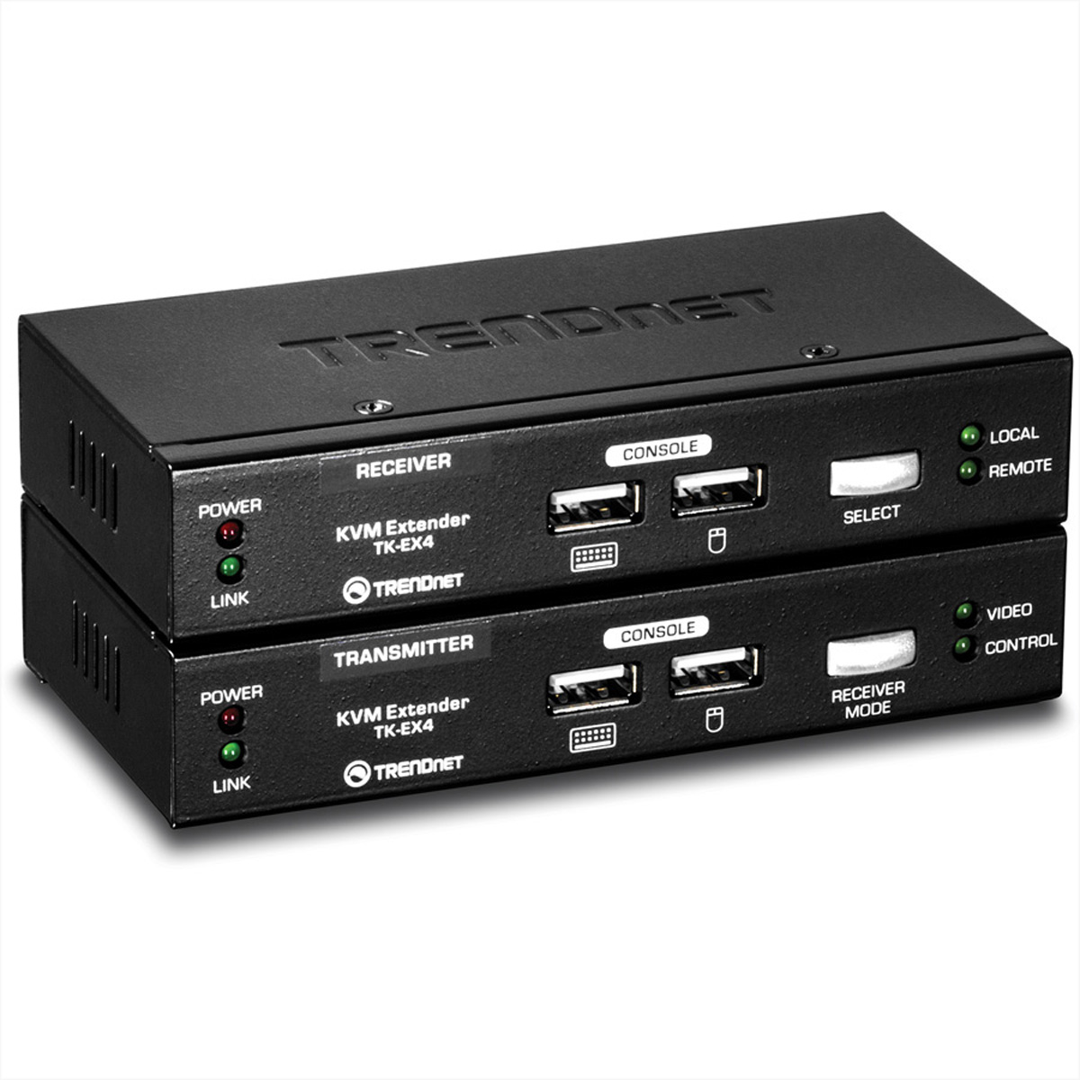Zwei gestapelte schwarze KVM-Extender mit mehreren Anschlüssen und Etiketten vorne.