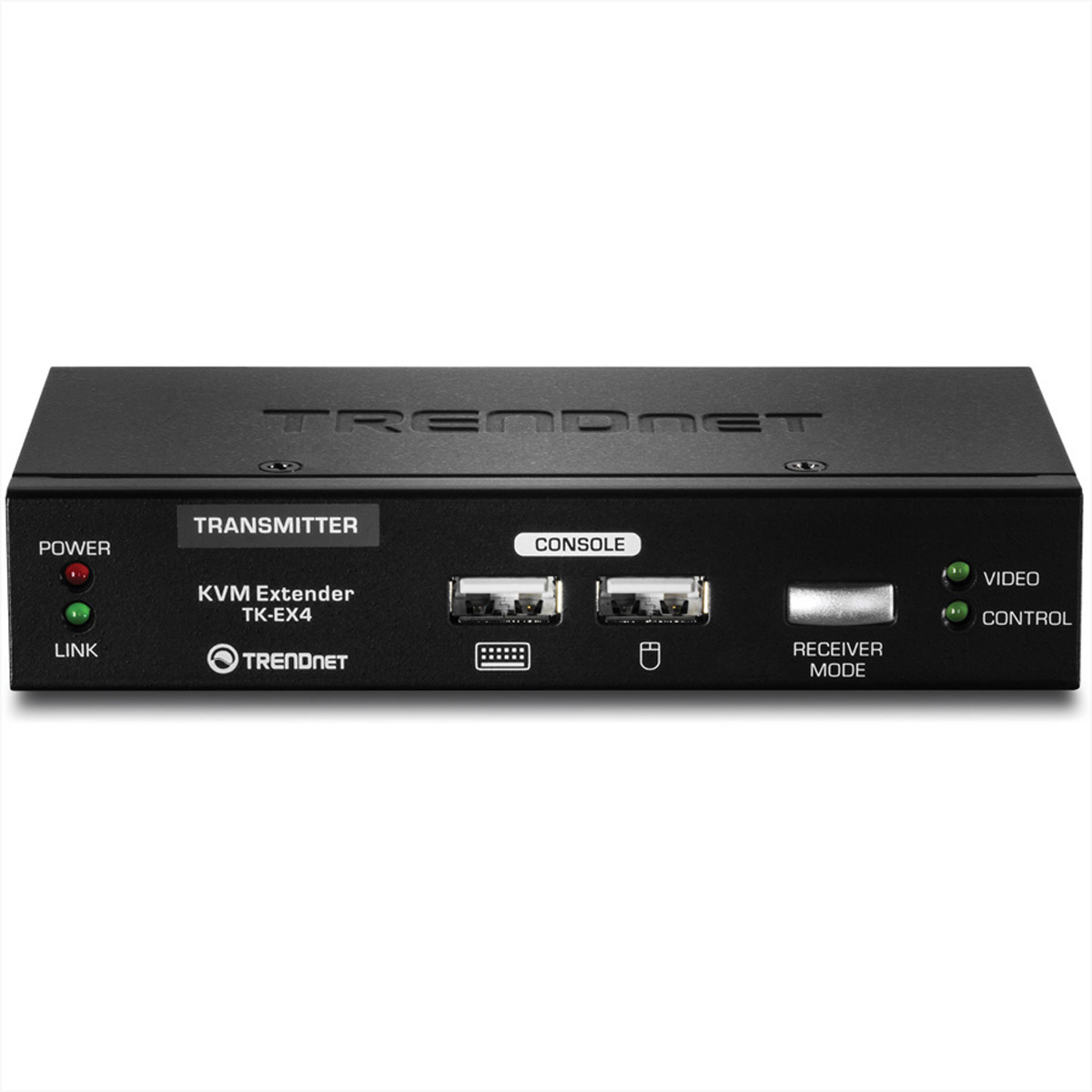 Schwarzer TRENDnet KVM Extender. Er hat Anschlüsse, Tasten und Lichter. Der Text zeigt die Marke.