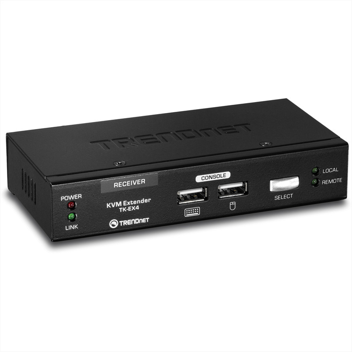 Eine schwarze TRENDnet KVM Extender-Box mit Anschlüssen und Lichtern. Es steht das Wort TRENDnet darauf.
