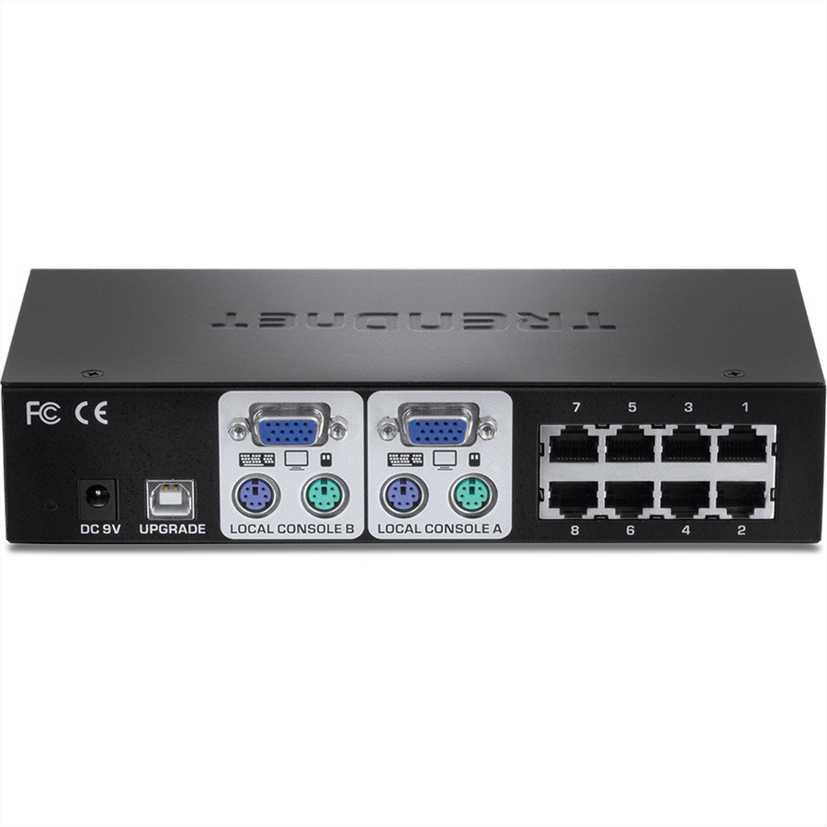 Dispositivo nero con più porte, tra cui porte console ed Ethernet, etichettate sulla superficie.