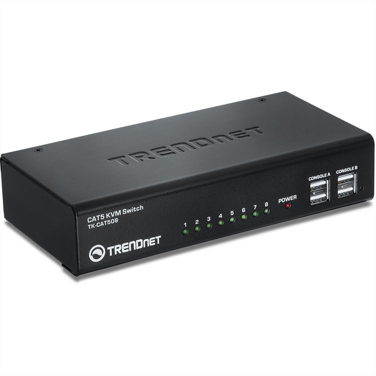 Switch KVM TRENDnet nero. Ha porte per console A e B, e otto porte numerate.