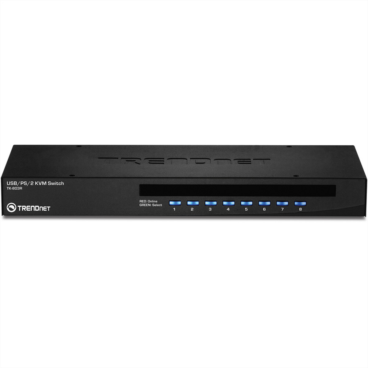 Schwarzer und silberner KVM-Switch mit blauen Lichtern. Trendnet-Logo sichtbar.